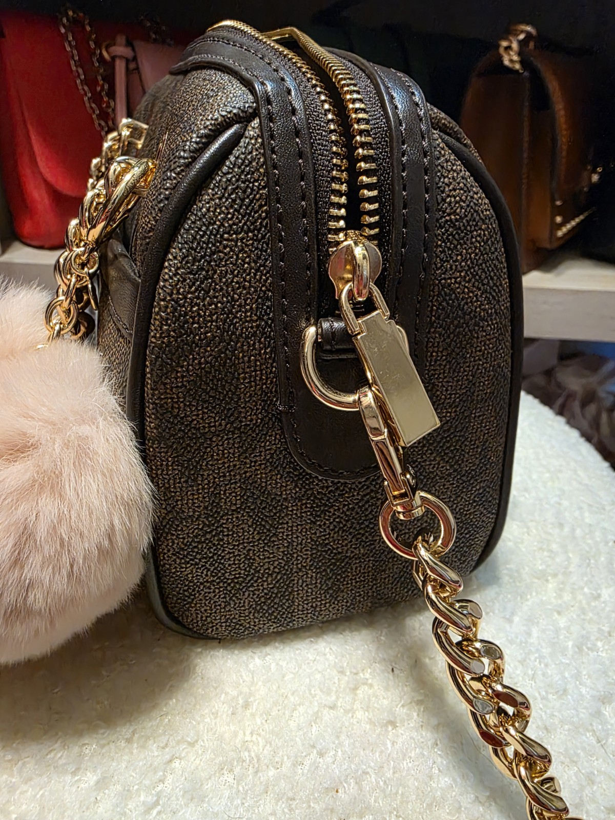 Michael Kors Blaire XS Duffle Crossbody Bag Brown Logo Zip Gold Chain + Charm