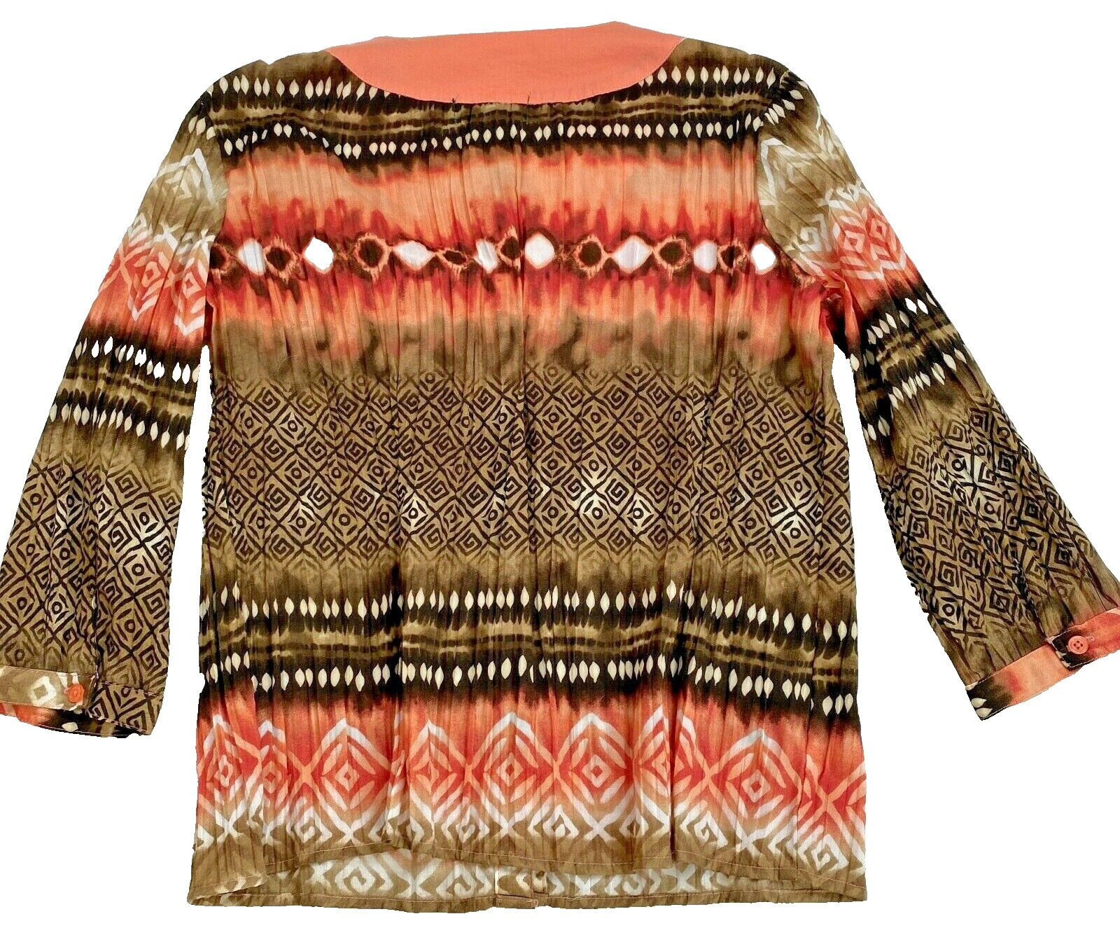 Lemon Grass Womens Blouse Sz M Peach Brown Button Up Beaded Neck 3/4 Sleeve Boho