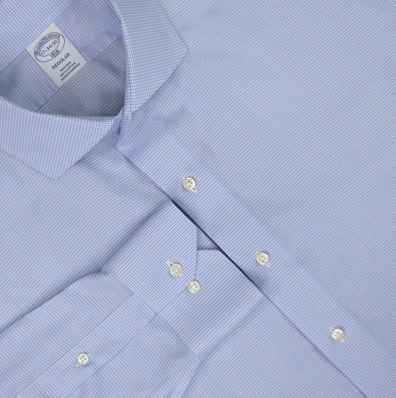 Brooks Brothers Shirt Mens 17 34/35 Blue Gingham Regular Fit Non Iron Cotton