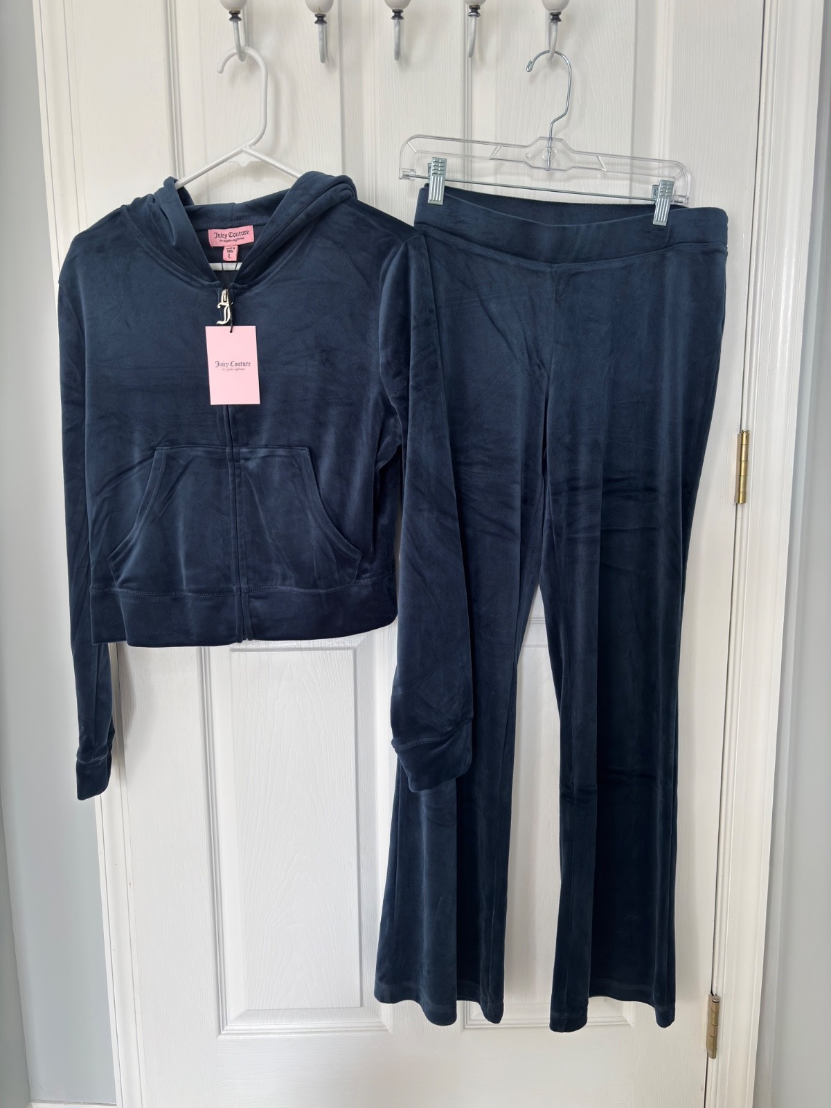 NWT Juicy Couture Womens OG Big Bling Velour Hoodie & Pants Regal Blue Sz L