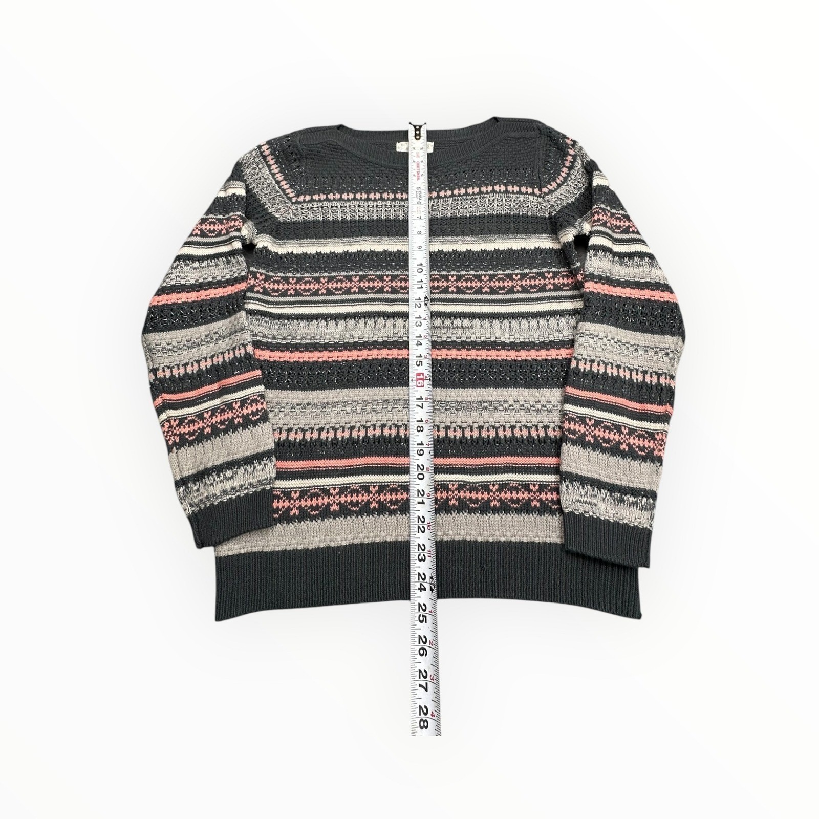 Debbie Morgan Womens XL Fair Isle Metallic Knit Sweater Gray Pink Striped L/S