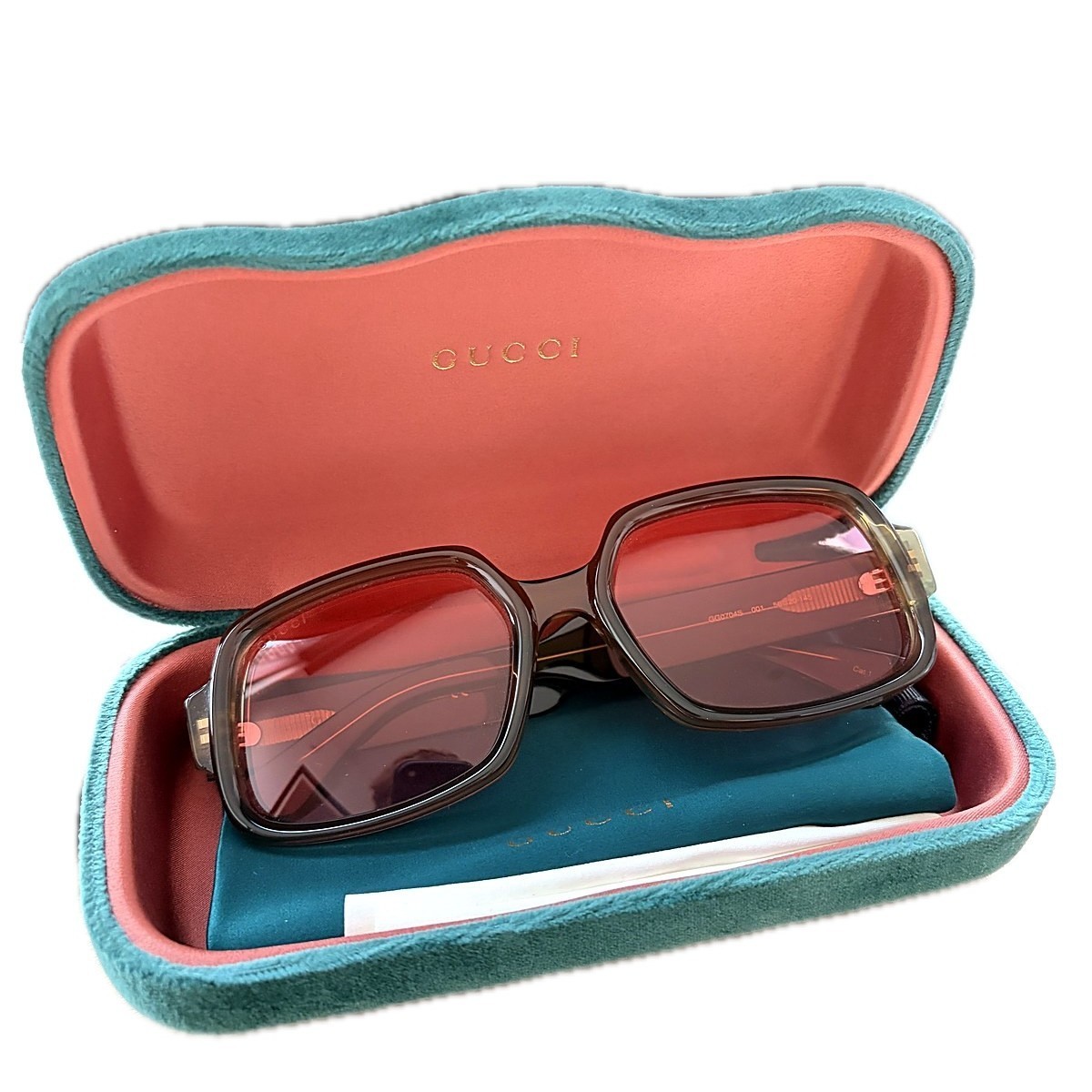 Gucci GG0704S 001 Square Sunglasses Brown Transparent Pink Lens 56mm Italy Case