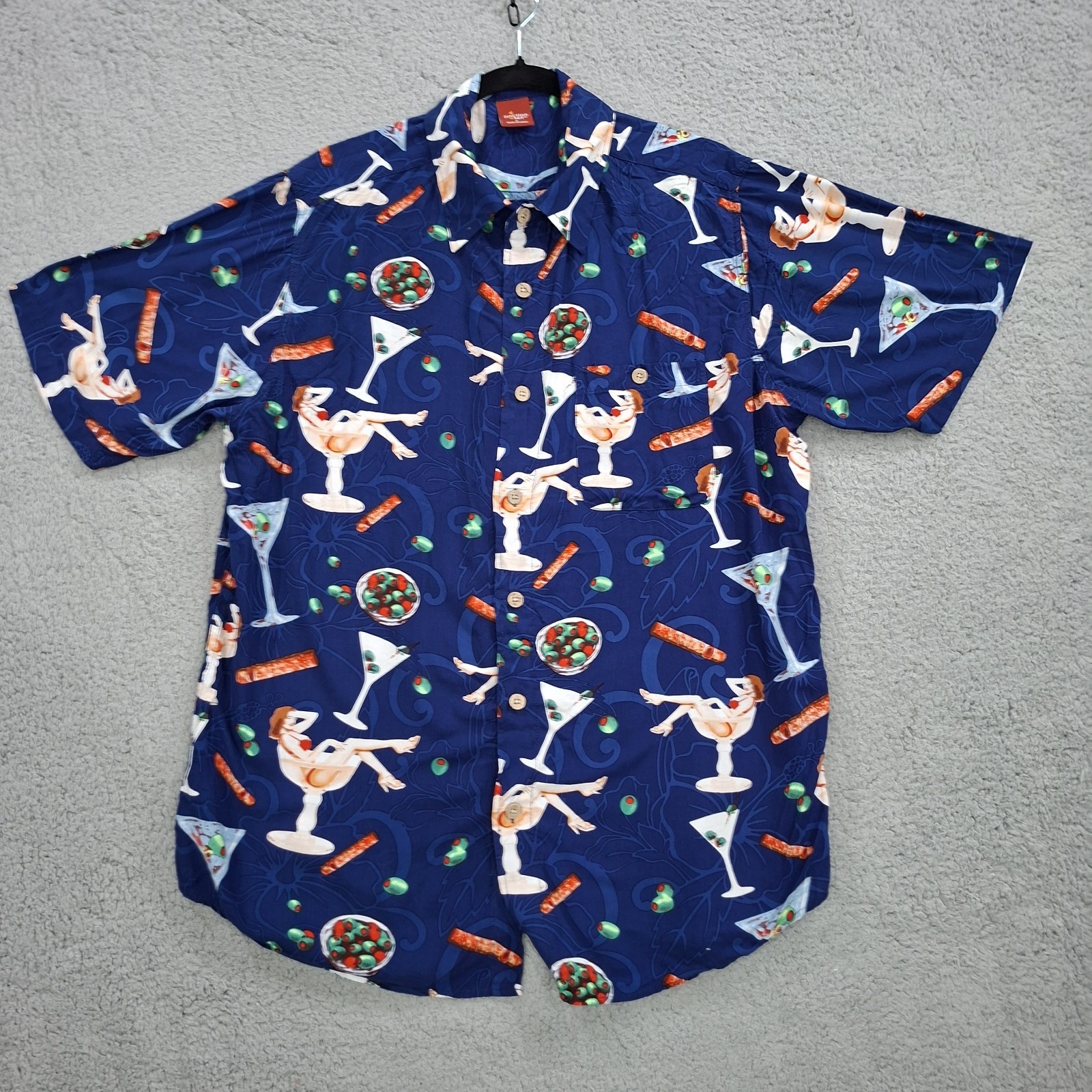 Vintage Junction West Men’s Martini Print Hawaiian Shirt L Blue Pinup Retro