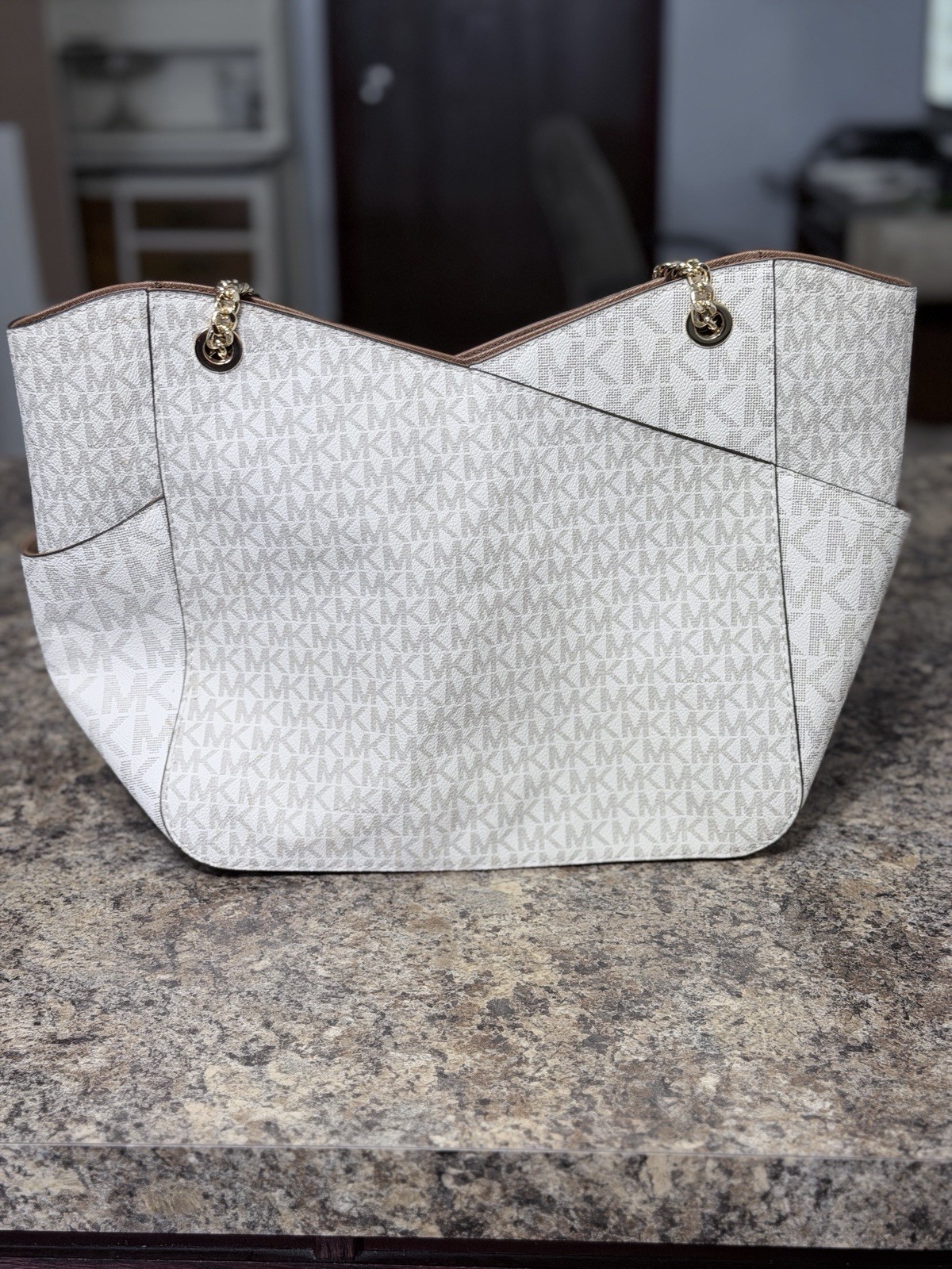 Michael Kors Logo Tote Beige/Brown Gold Chain Strap