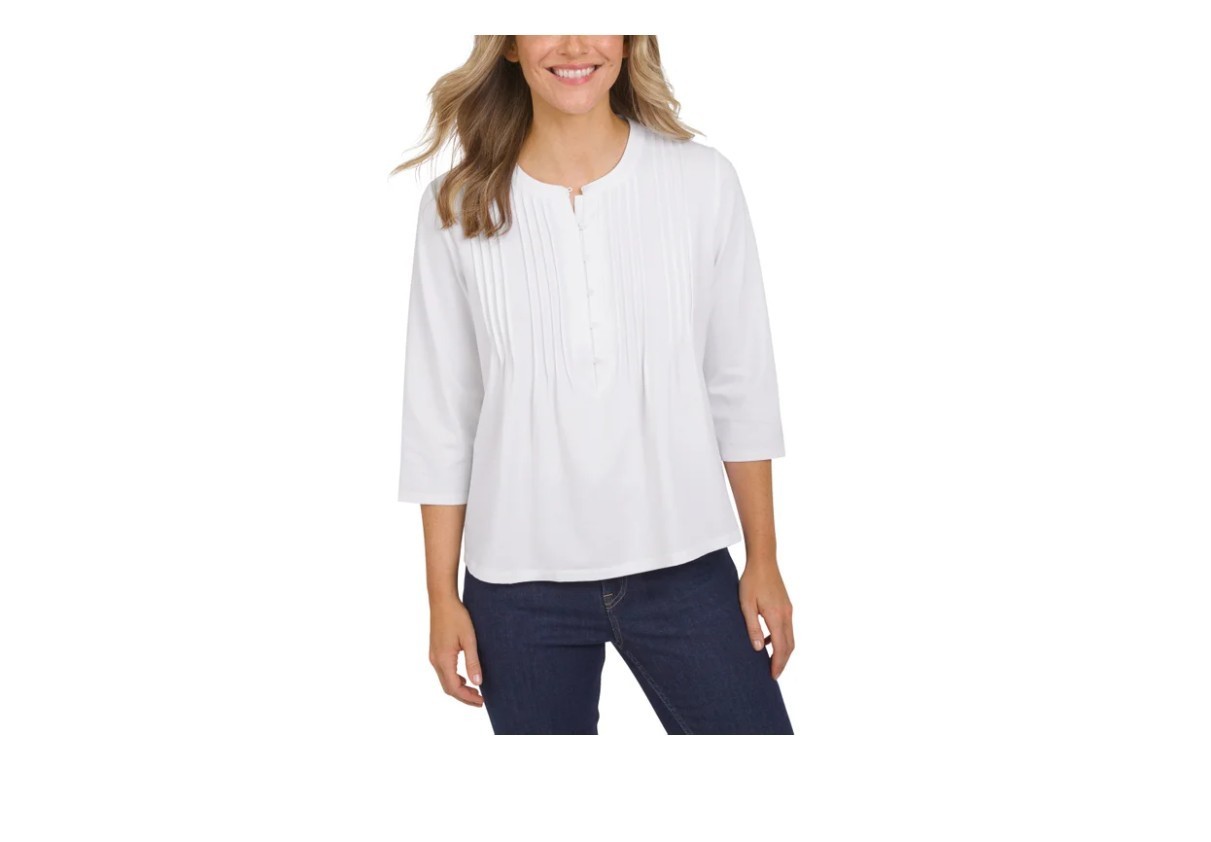 Lands End 3/4 Sleeve Pintuck Top White Pullover Business Casual Pullover New Tag