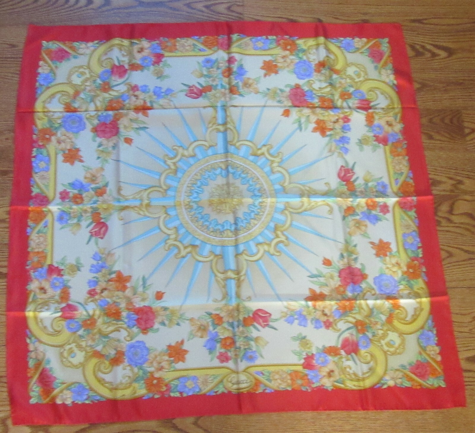 vintage Gucci Silk Scarf Red Border Compass Rose Botanical 35″ square
