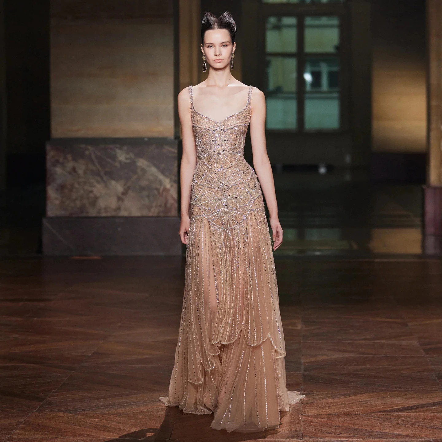 Champagne Mermaid Evening Gown Luxury Beaded Wedding Engagement Party Dress-