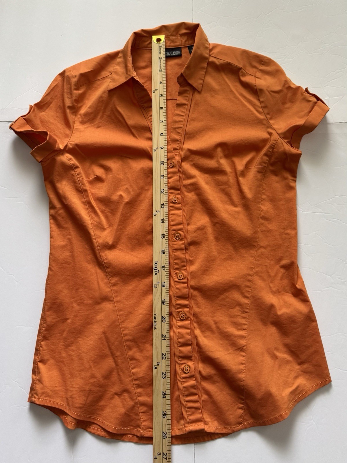 7th Avenue NYC S Orange Button Front Blouse Top Stretch Work Shirt Short Sleev