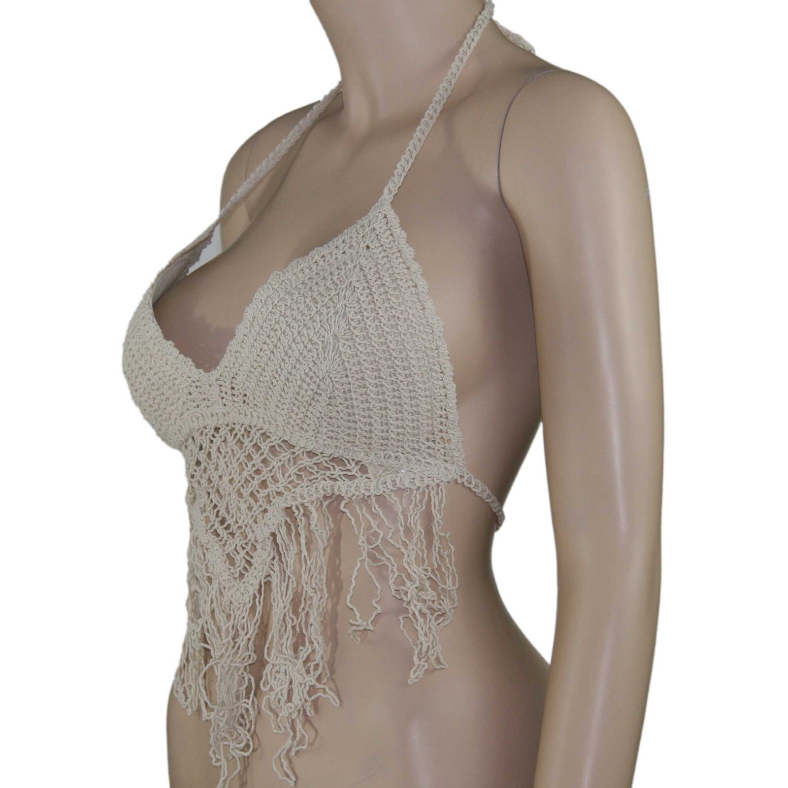 Peach Love California Crocheted Cropped Halter Top V-neck Lined Fringe