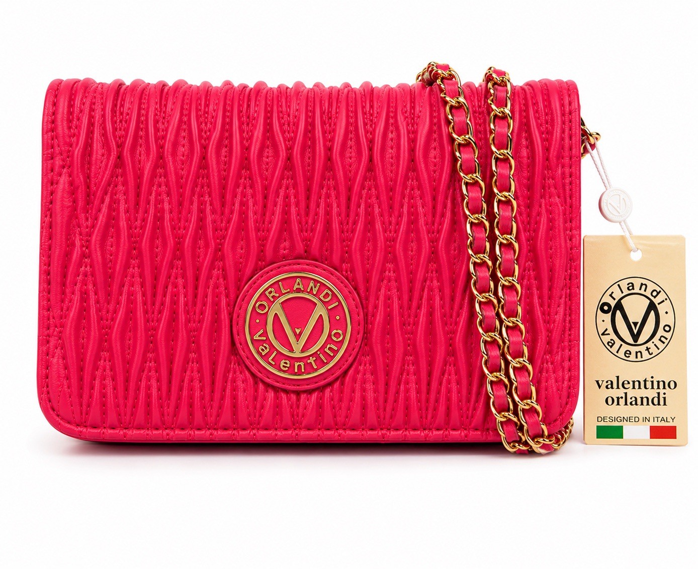 NWT Beautiful Valentino Orlandi Bright Pink Quilted Crossbody Bag Chain Strap