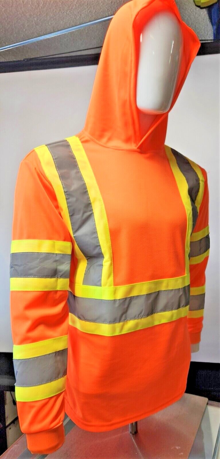 Class 3 Orange Long Sleeve Safety Shirt With Hoodie, Polyester Birdeye mesh