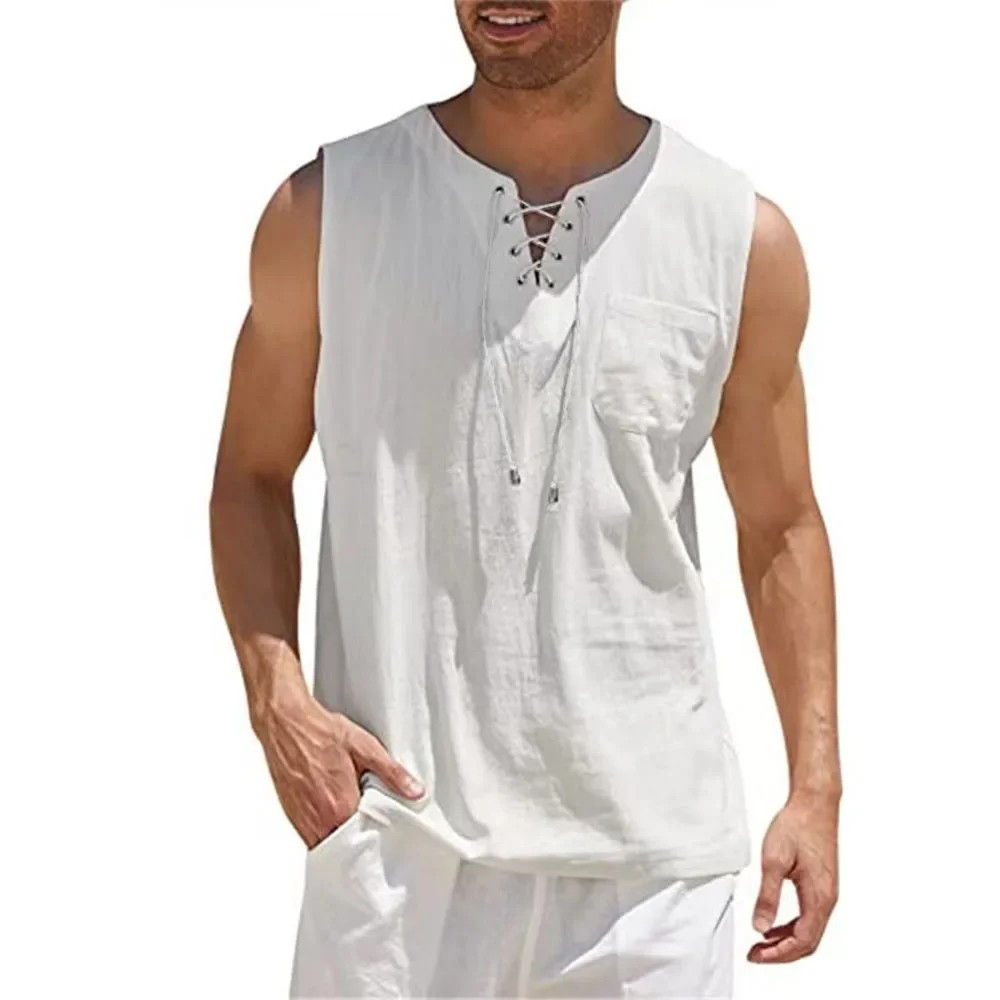 Men’s Cotton Linen Sleeveless Vest, Lace Up V Neck Tank Top, Casual Loose Shirt.