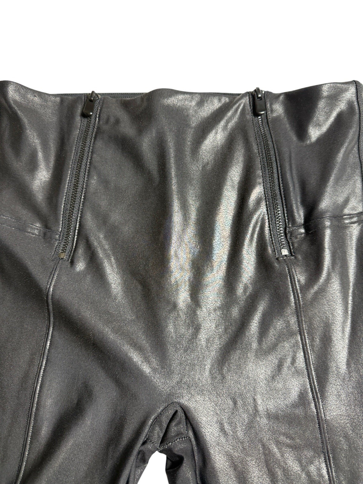 Spanx Faux Biack Leather Woman’s Large Leggings Classic Front Zippers Skinny