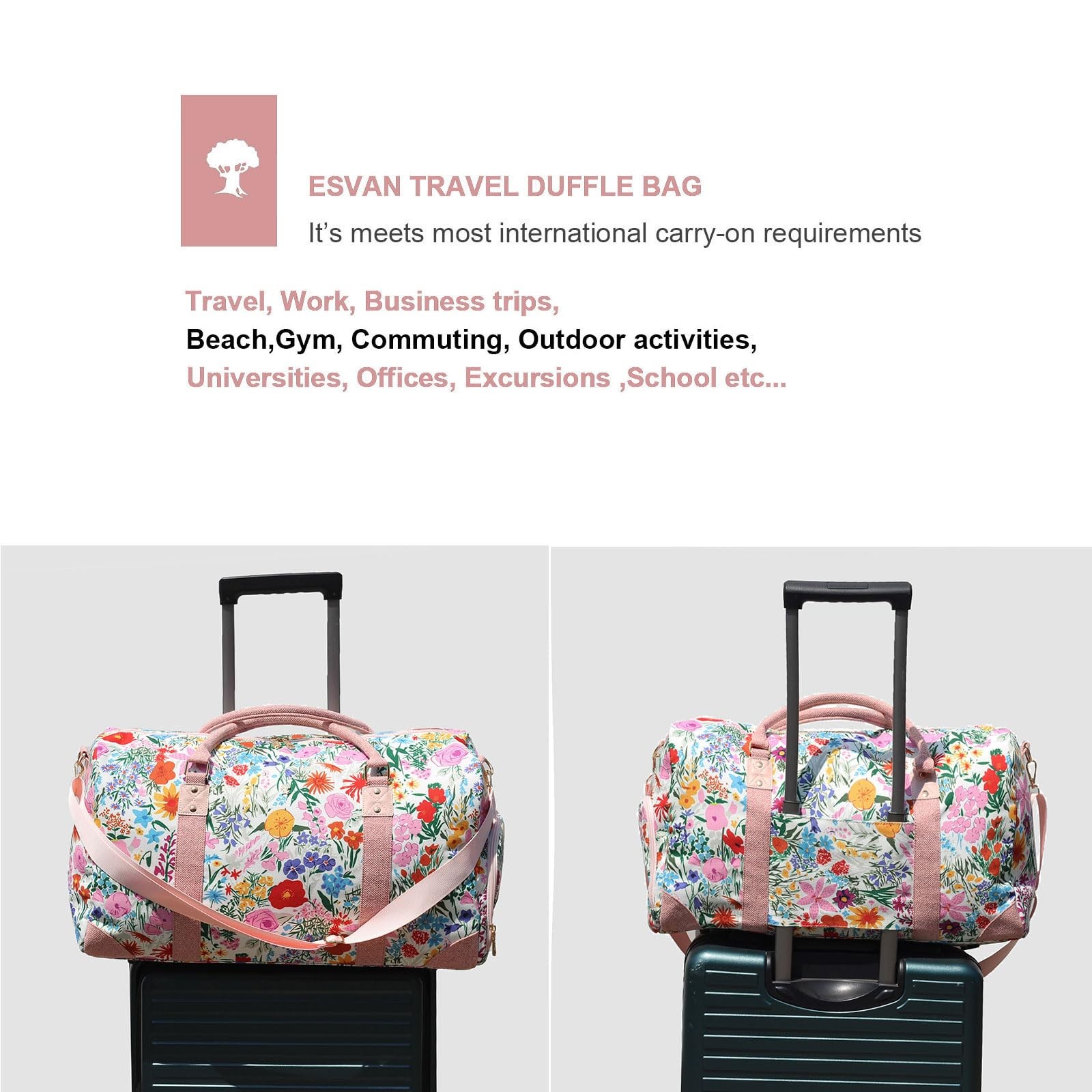 Travel Duffle Bag, Weekender Bag 21.7 x 9.3 x 11.8 inches, Canvas Pink flower