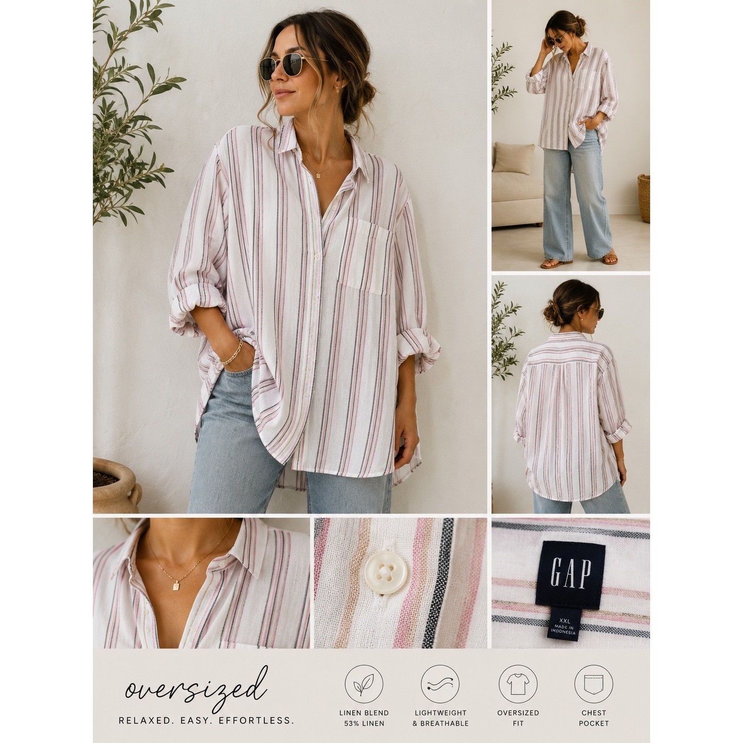 Gap Womens XXL Oversized Linen Blend Striped Button Down Shirt GP007933