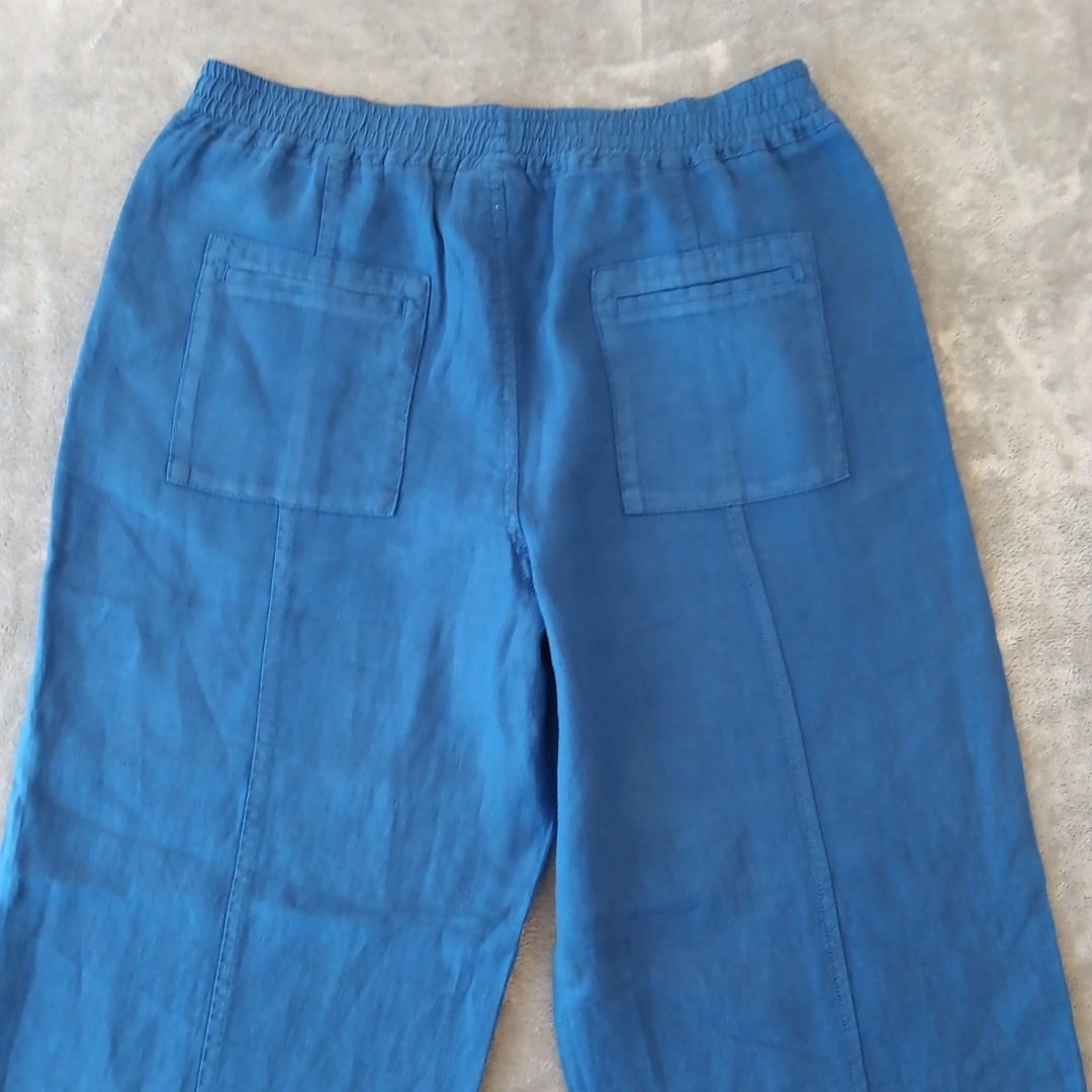 Wrap London Ankle Pants Womens Size 12 Blue Wide Leg Linen Pull On Pockets