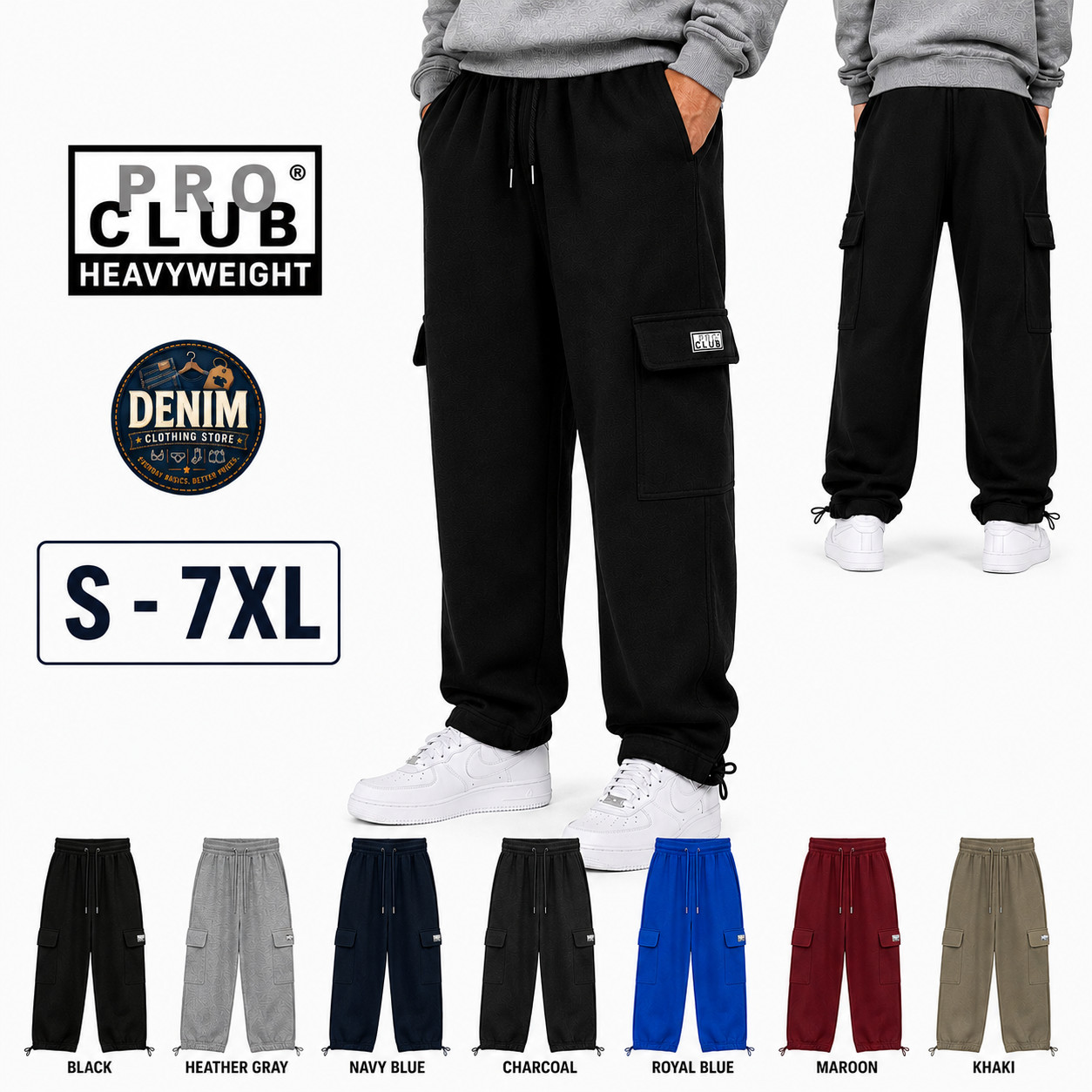 Pro Club Men’s Heavyweight Track Fleece Cargo Pants Sweatpants S~7XL