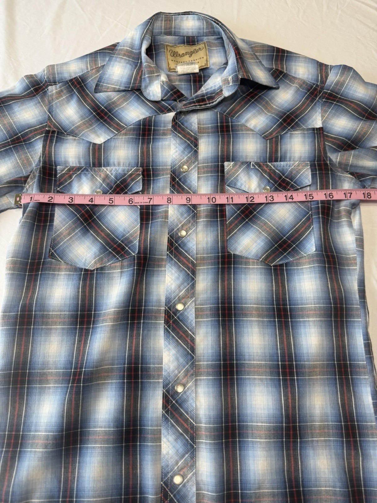 Wrangler Men’s Western Pearl Snap Shirt Blue Plaid, Short Sleeve, Size Small