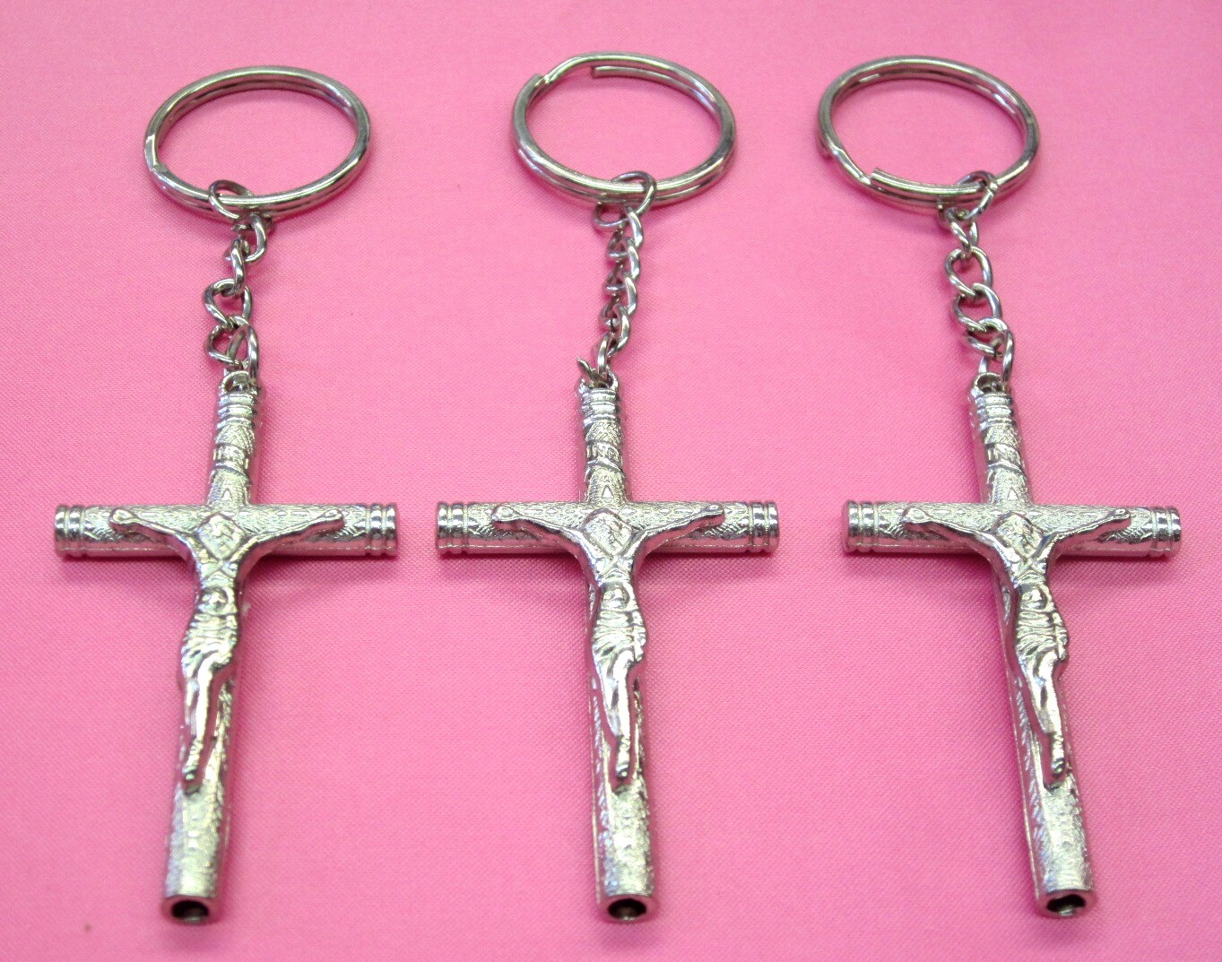 LOT OF 3, 6,12 PIECES —CHRISTIAN CROSS KEYCHAIN KEY RING SILVER METAL