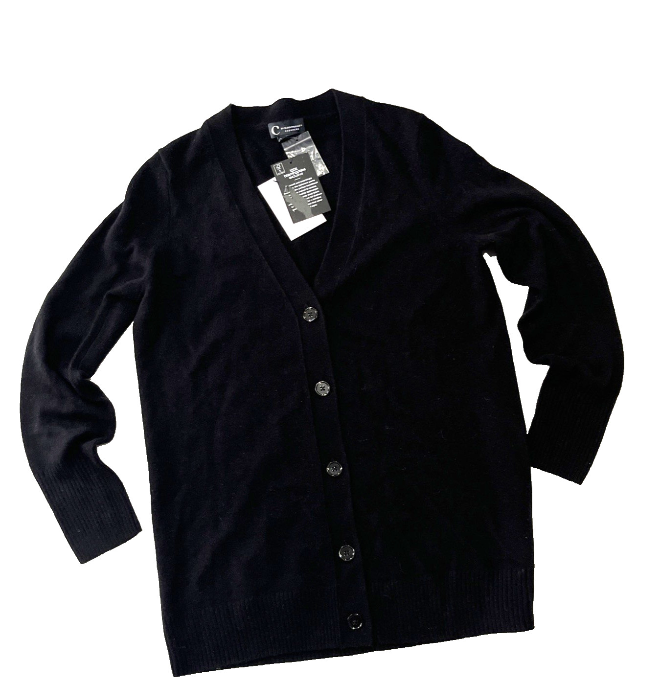 C Designer 100% Cashmere Black Grandfather Cardigan Sweater – Small -msrp $188