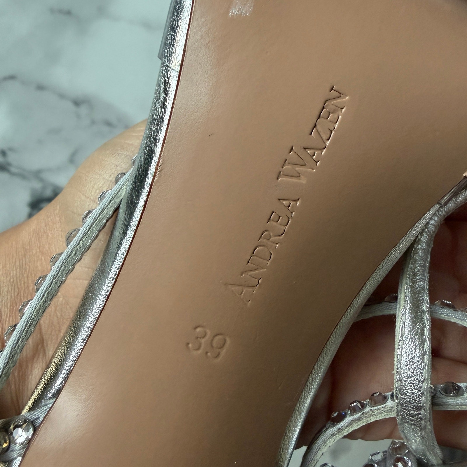 Andrea Wazen Dassy Sunset Crystal Metallic Strappy Pumps NEW Size 39