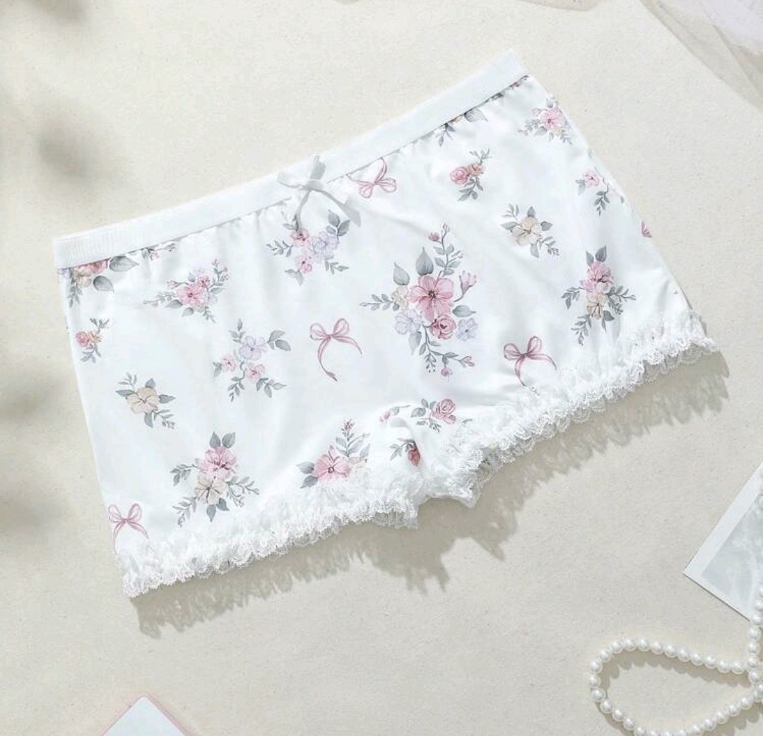 💖 White Vintage Floral Style Silky Feel French Shorts Knickers Sissy L UK 12-14