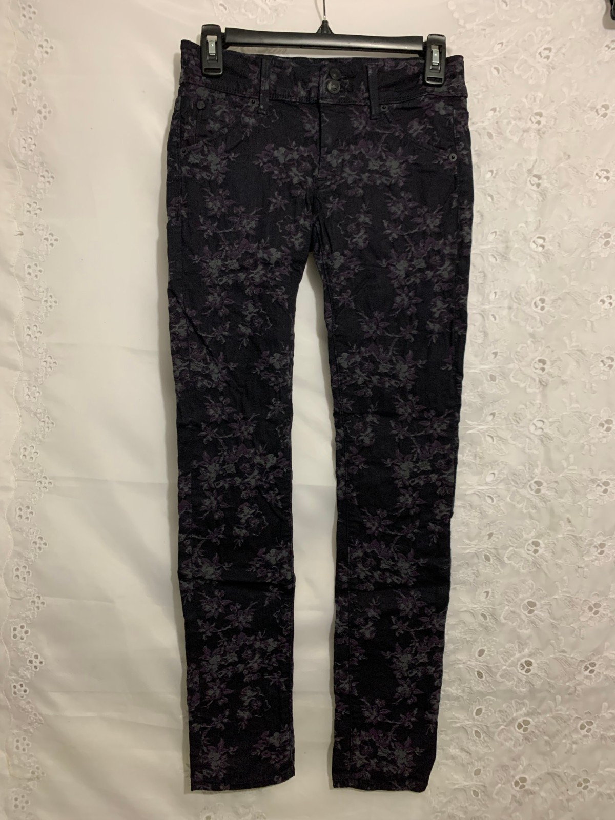 Hudson Black Purple Floral Collin Midrise Skinny Jeans Size 25 EUC 30″ inseam