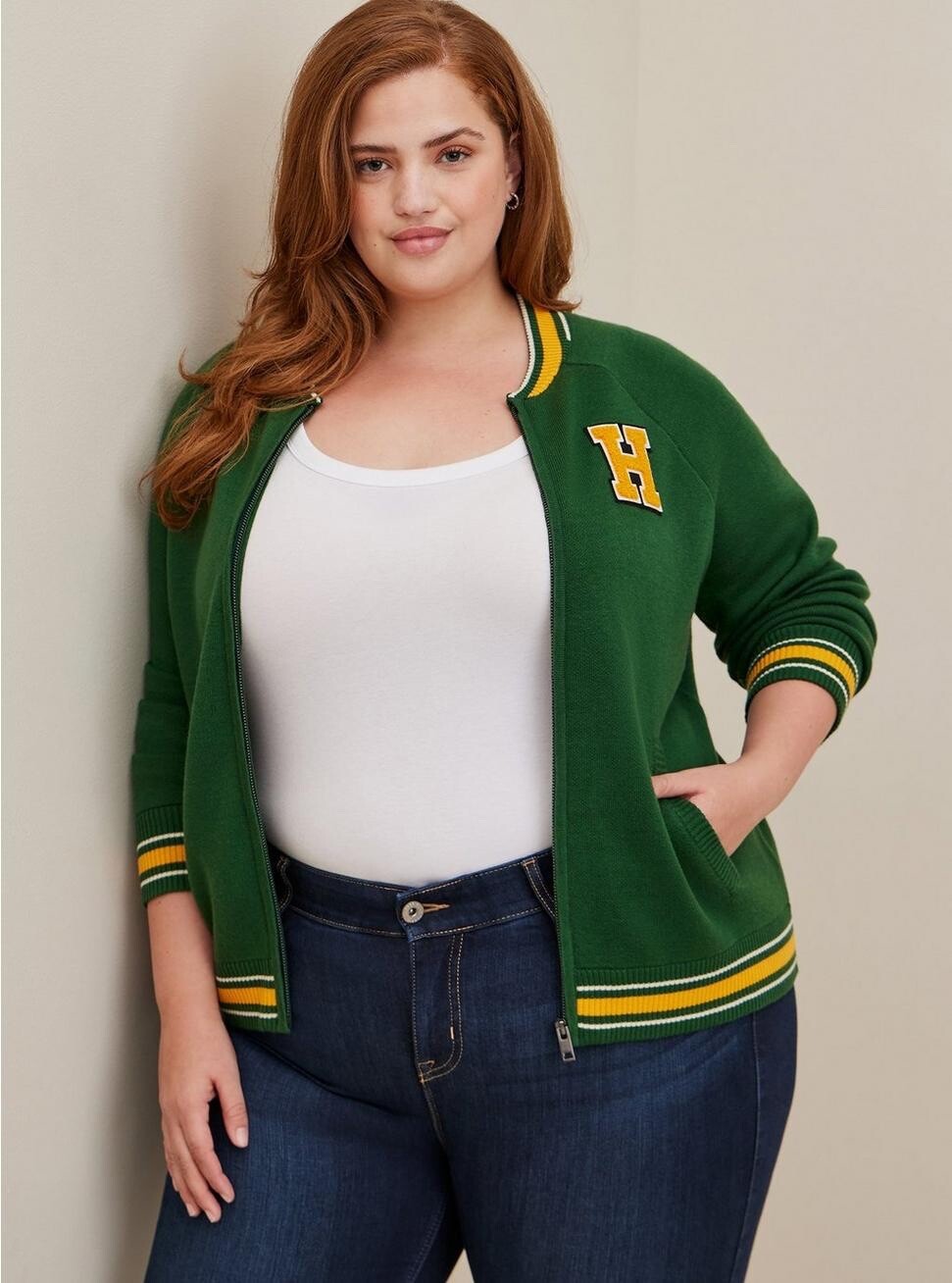 Torrid Green Stranger Things Hawkins High Sweater Bomber Size 00 10 Medium