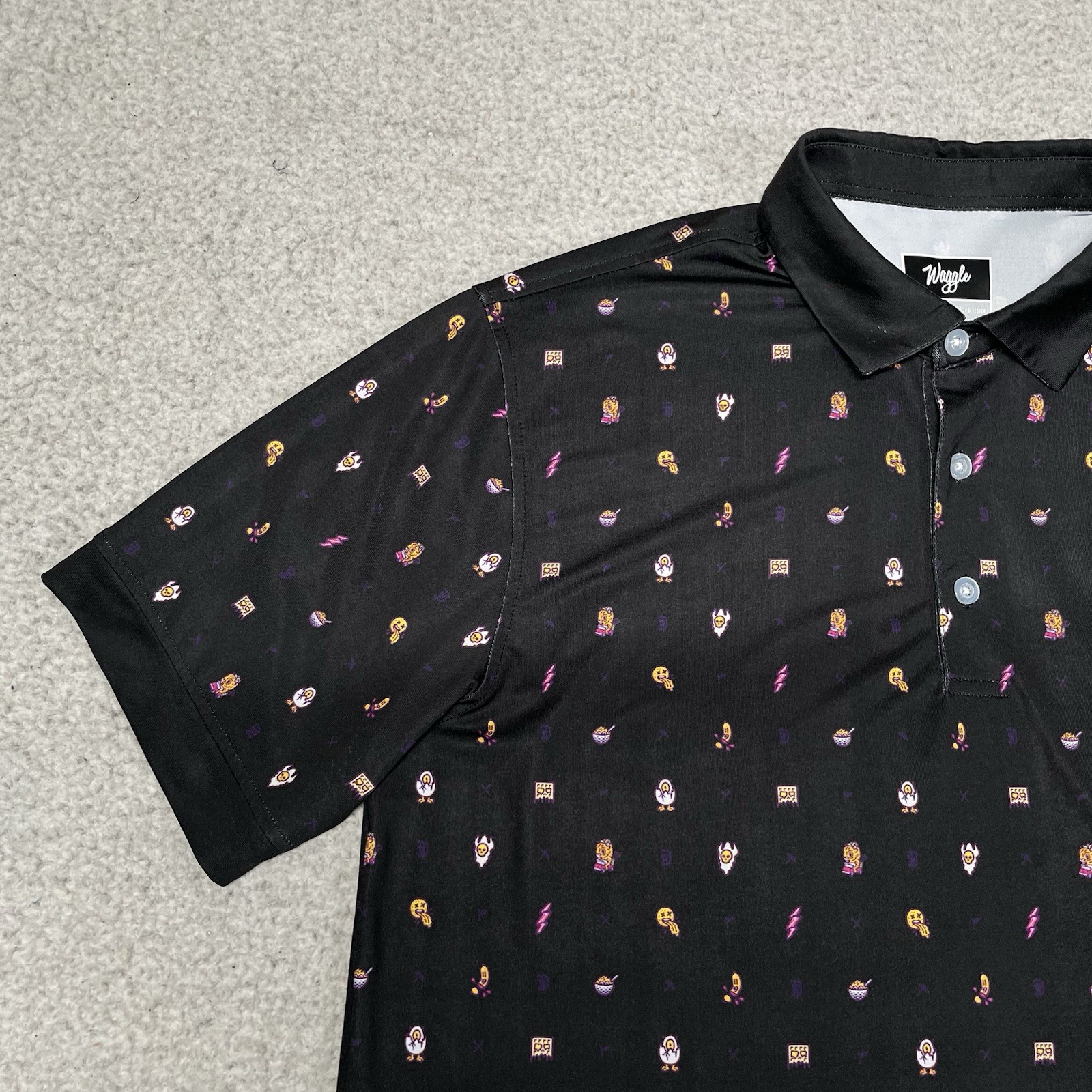 Waggle Polo Shirt Mens L Black All Over Print Performance Golf Stretch AOP