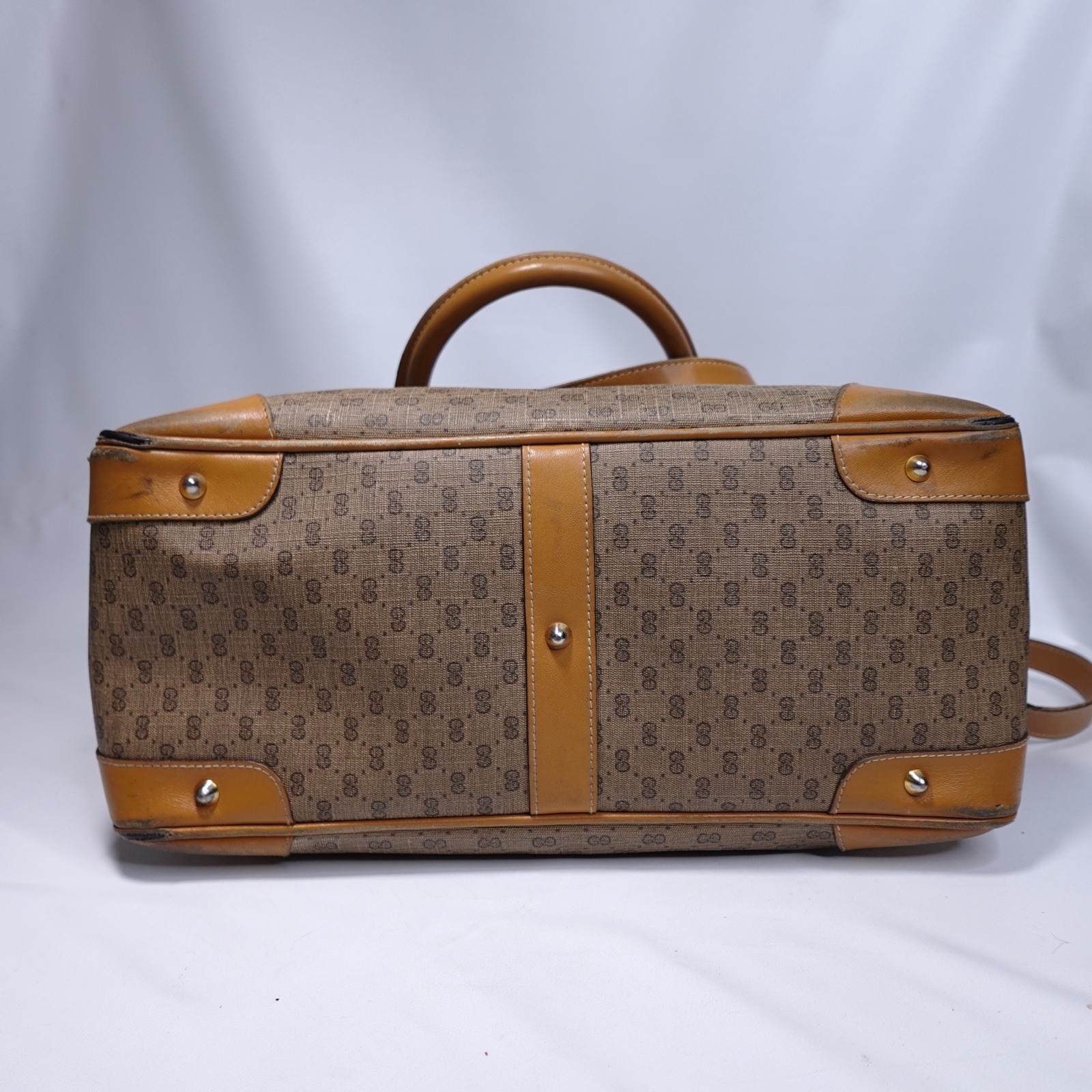 Vintage Gucci GG Supreme Monogram Boston Bag Tan Leather Italy Need Light Repair