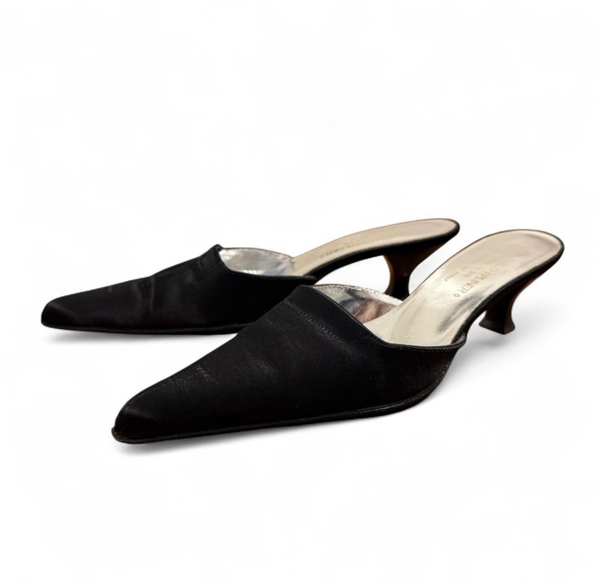 Donald J Pliner Black Satin Pointed Toe Mule Kitten Heel Slip-On US 6 M