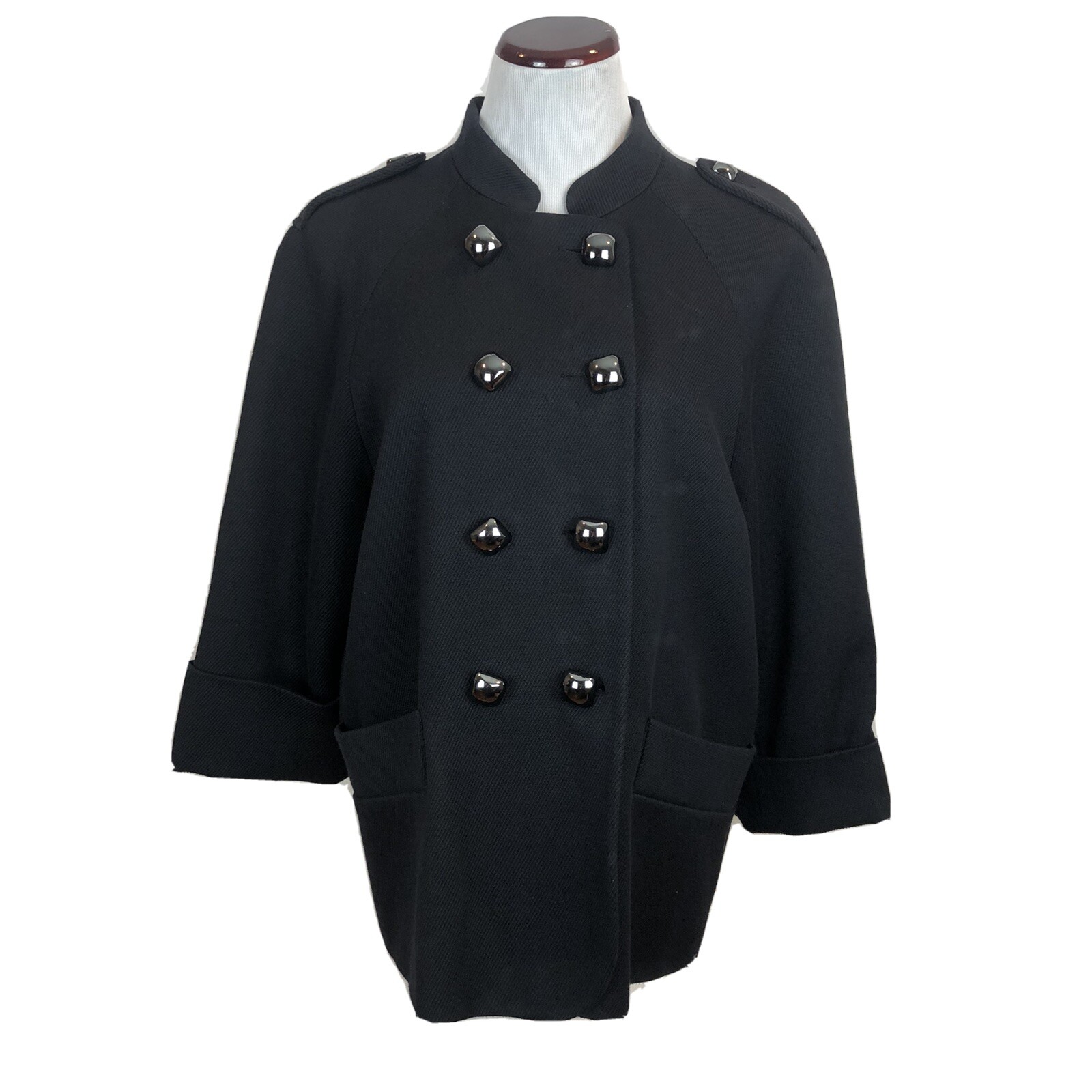 French Connection Navy Pea Coat Size 10 Wool Blend Square Buttons 3 Qtr Sleeves