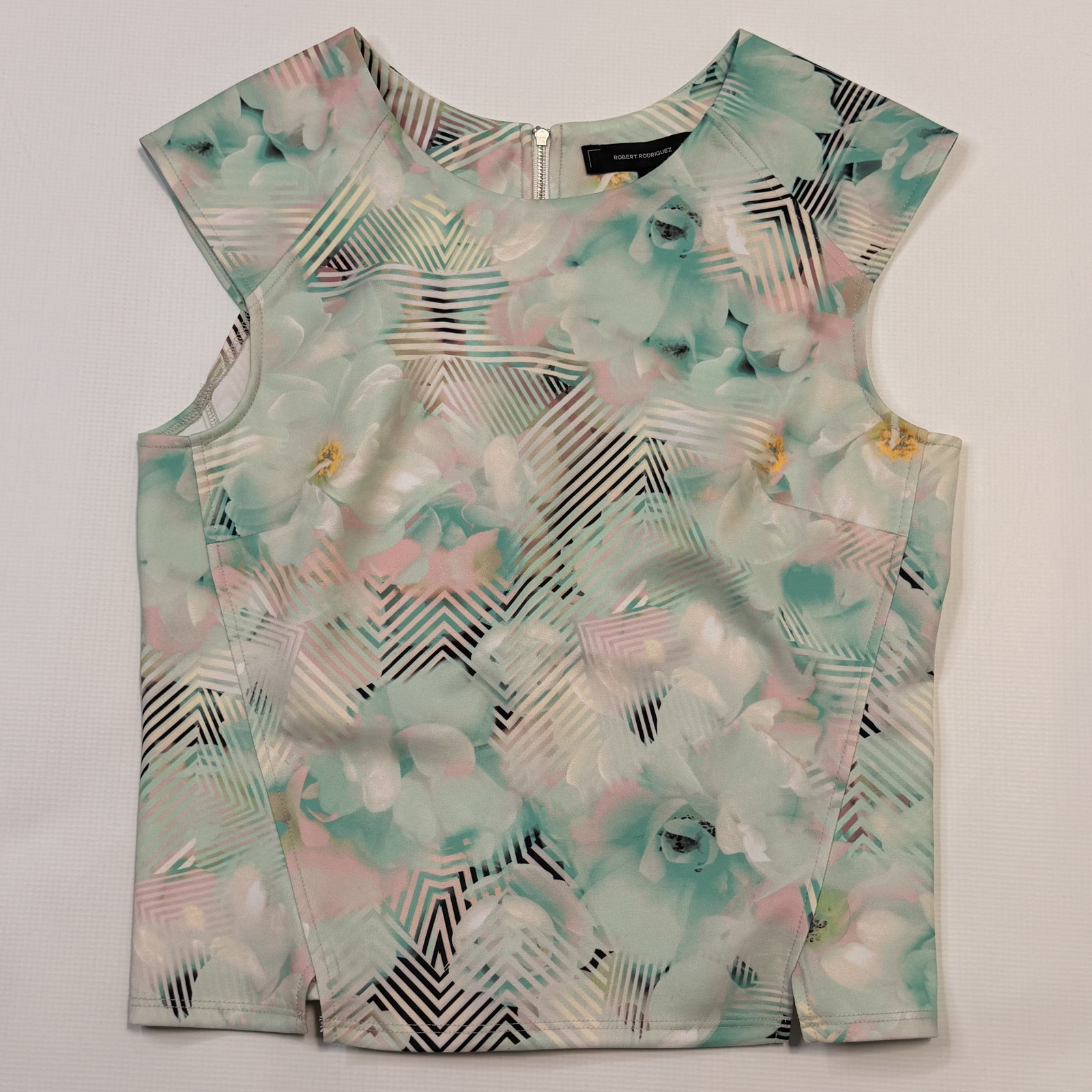 Robert Rodriguez Blouse Womens Medium Green Floral Geometric Zip Sleeveless Top