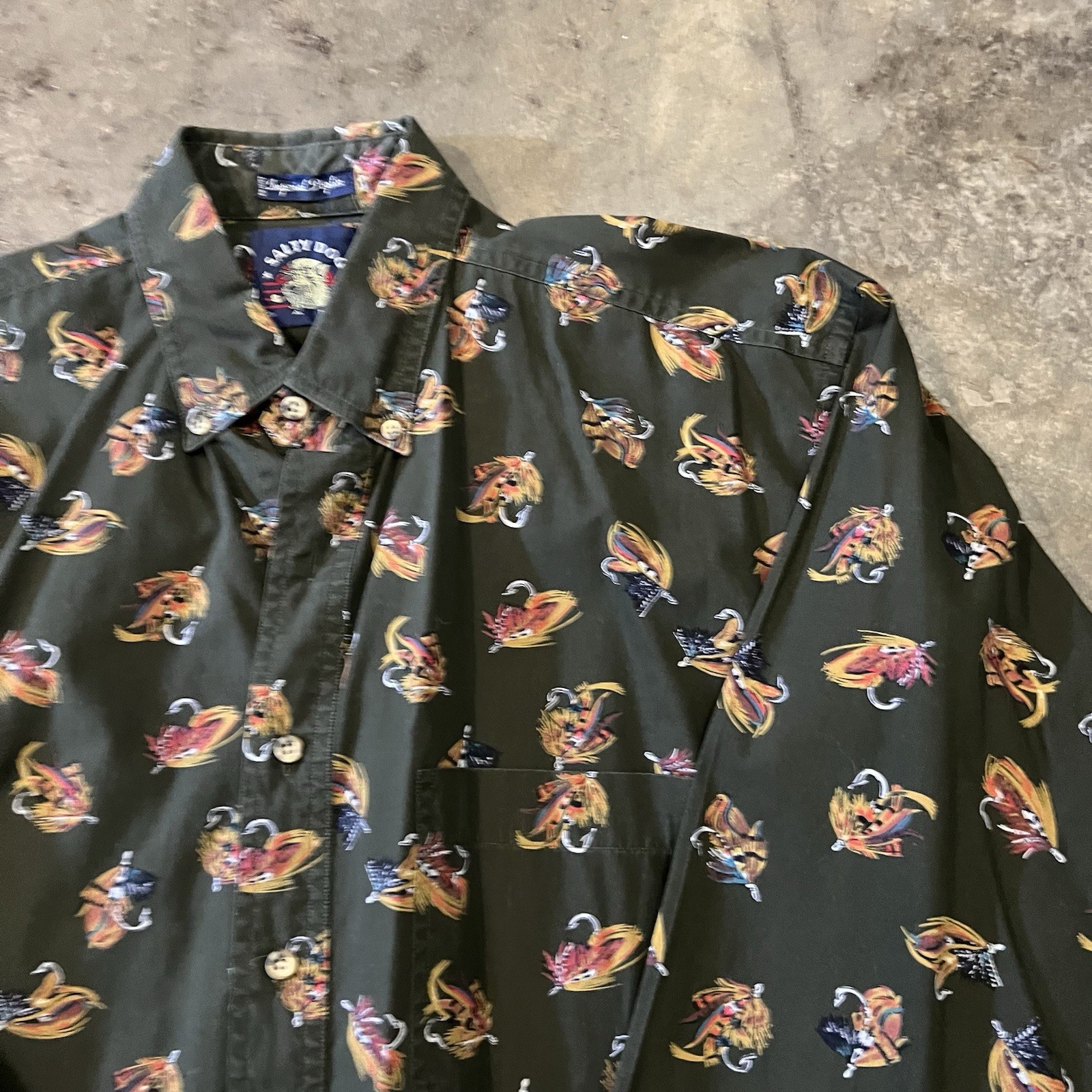 Vintage salty dog all over print button up men’s shirt large trout fishing fly