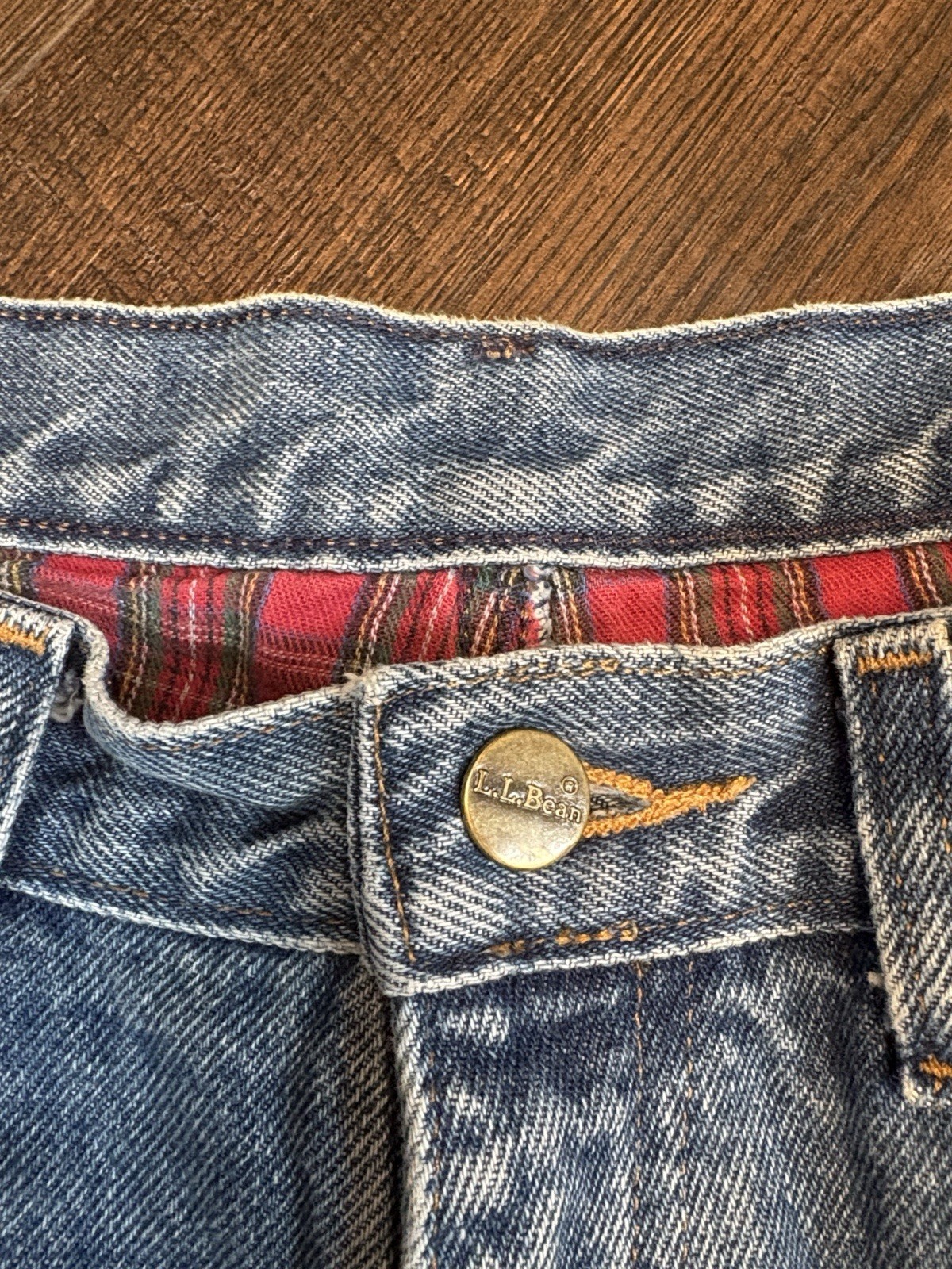 L.L.Bean Double L Vintage Women’s Blue Medium Denim Red Plaid Lined Jeans 12 Reg