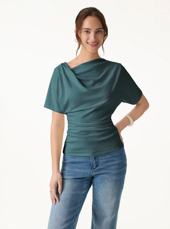 OGL Asymmetrical Cowl Neck Ruched Top, Deep Water