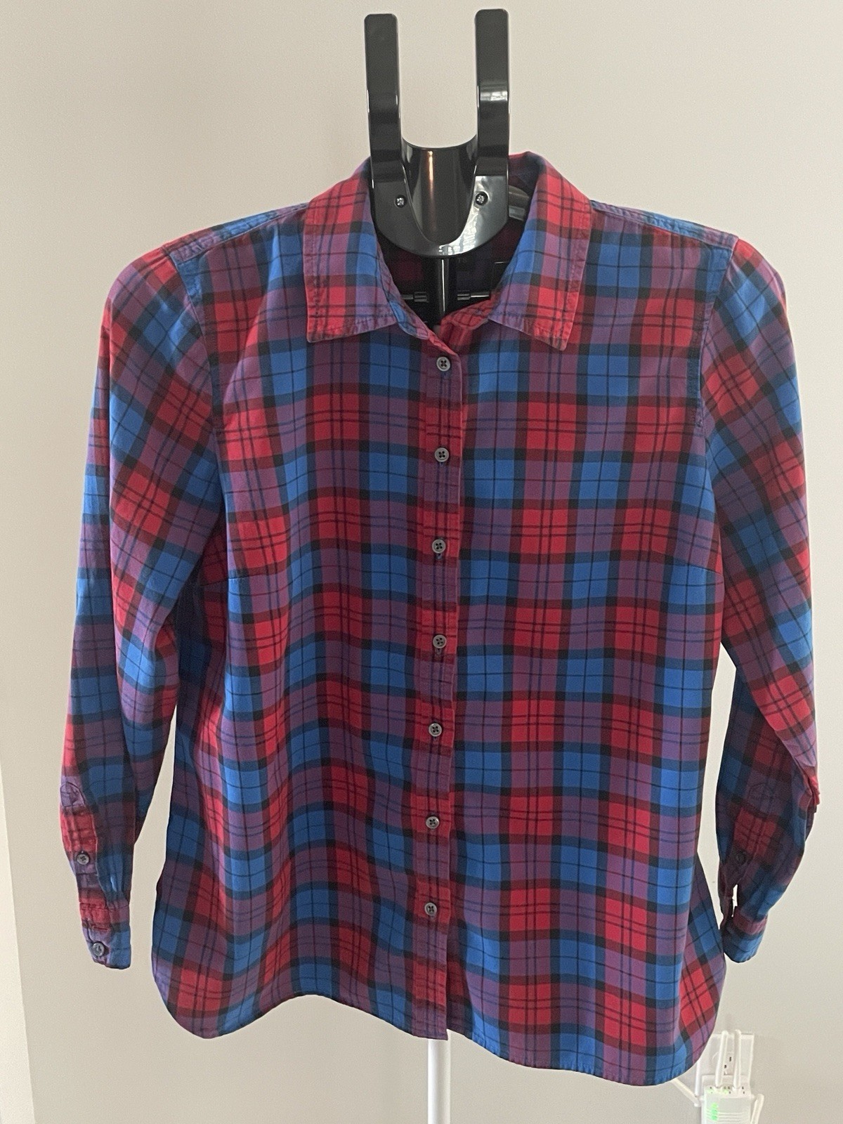 Talbots Womens Red Blue Purple Plaid Button Down 100% Cotton Long Sleeve Shirt
