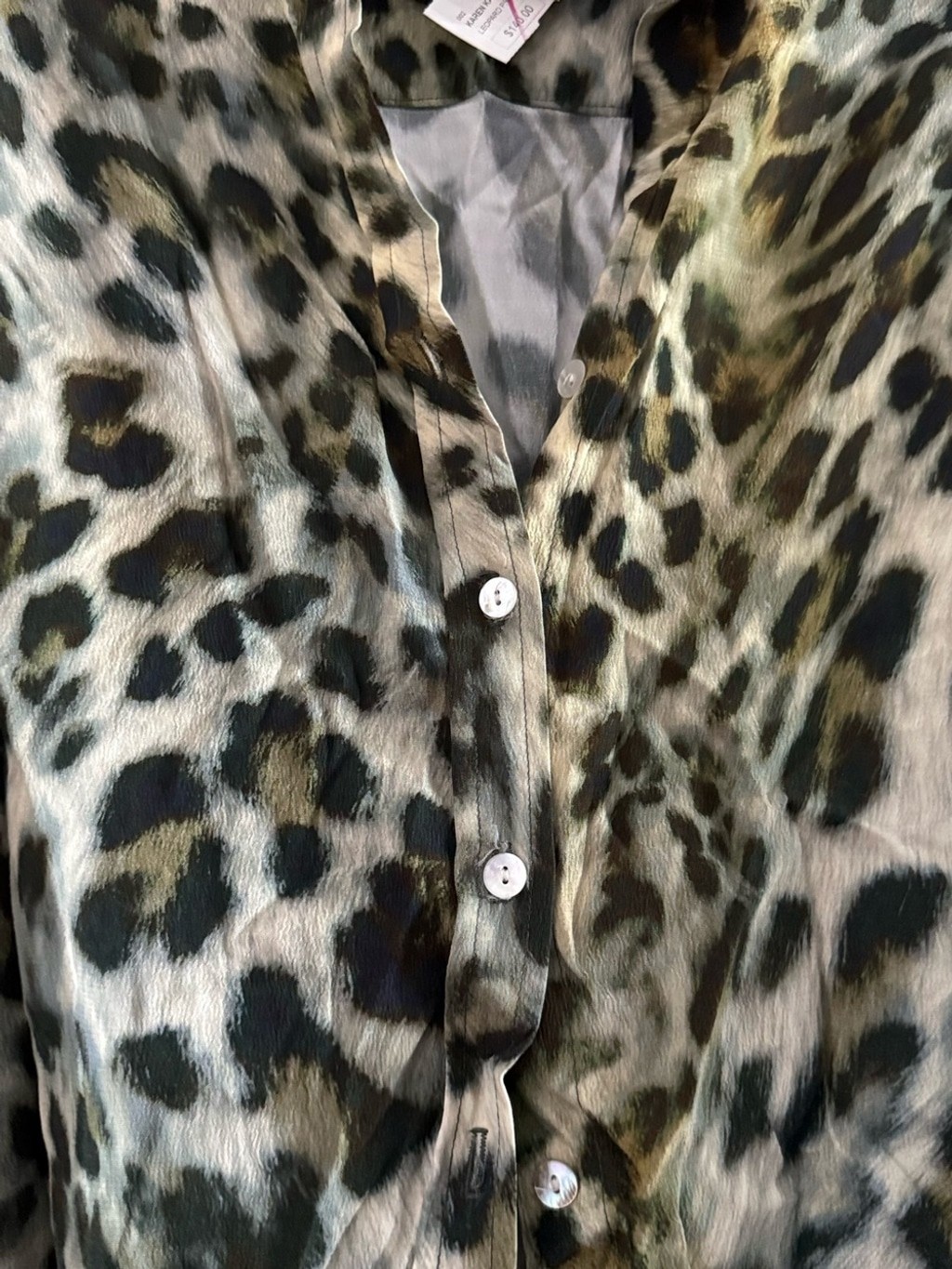 Karen Kane 3/4 Leopard Print Button Down Viscose Top Olive Blouse Large $140