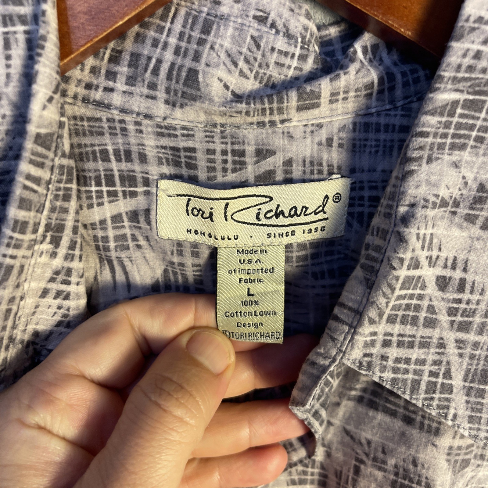 Tori Richard Shirt ens L Grey Palm Grid Cotton Lawn Aloha Hawaiian Made in USA