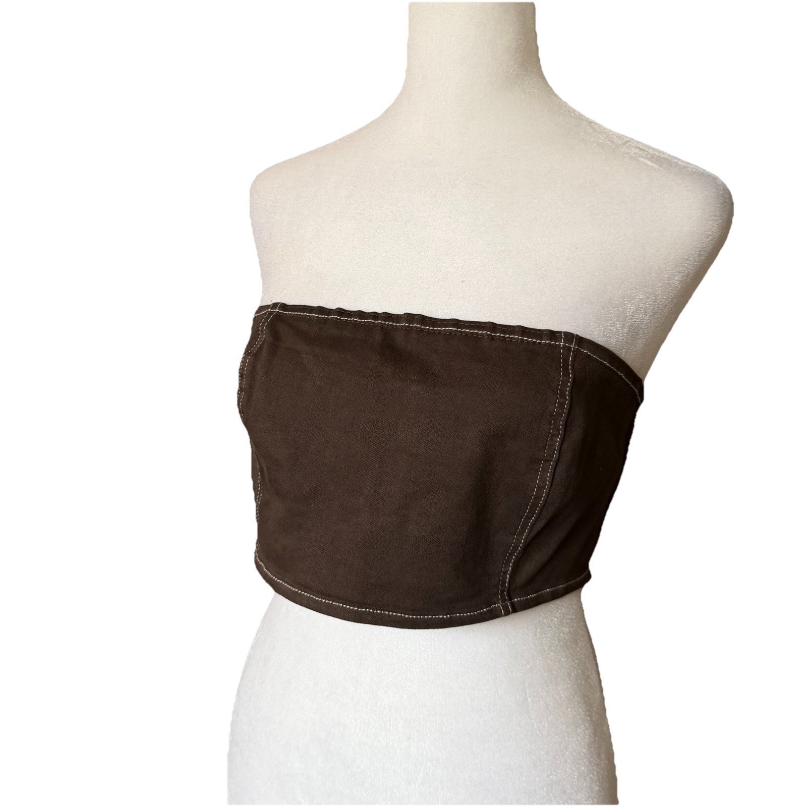 NA-KD Womens Size 38 Contrast Seam Corset Denim Top Dark Brown Cropped Blouse