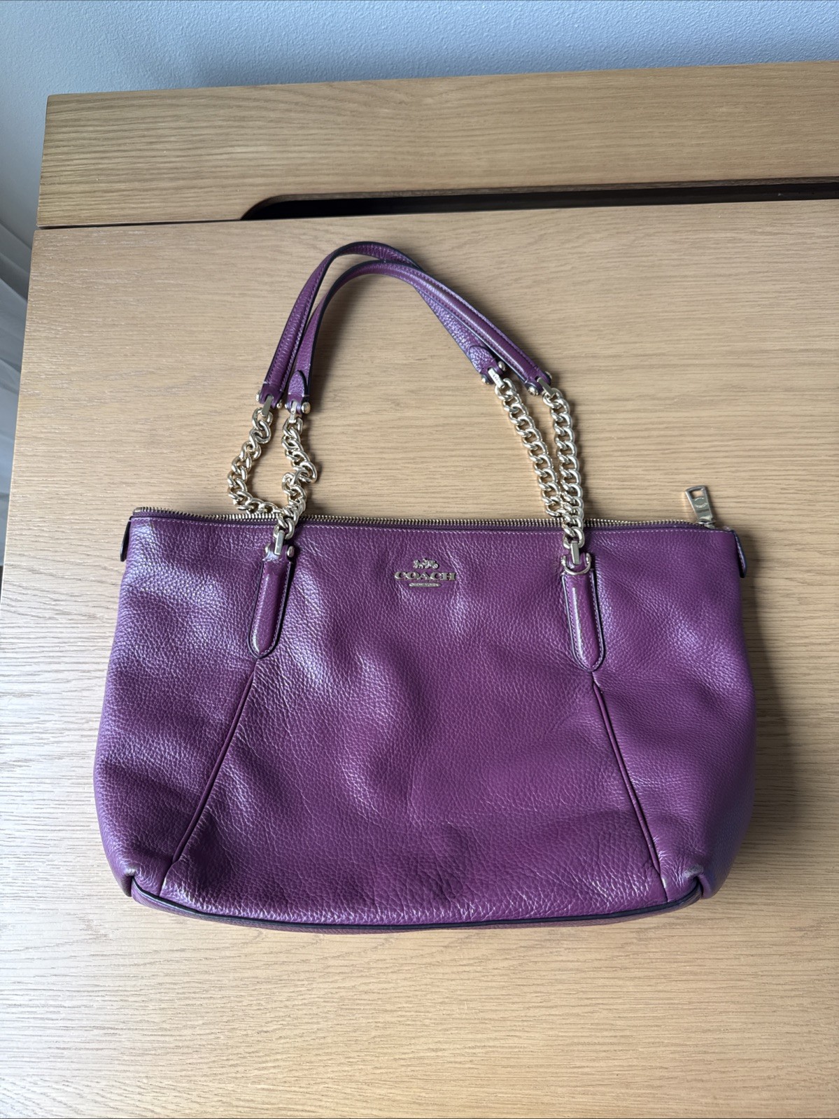 Coach Pebbled Leather Ava Chain Tote Dark Berry with Gold Hardware Style F87775