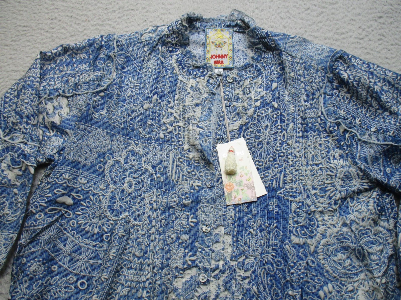 Johnny Was Blouse Womens Small Blue Zeeland Silk Floral Print Boho Tunic Top