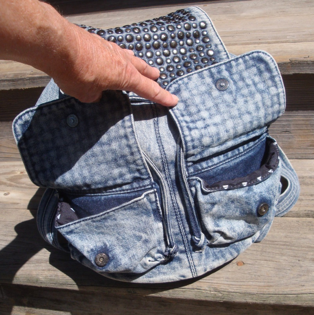 STREET LEVEL Denim Backpack Studded Boho Hobo Hippie Biker School Sling Bag Tote