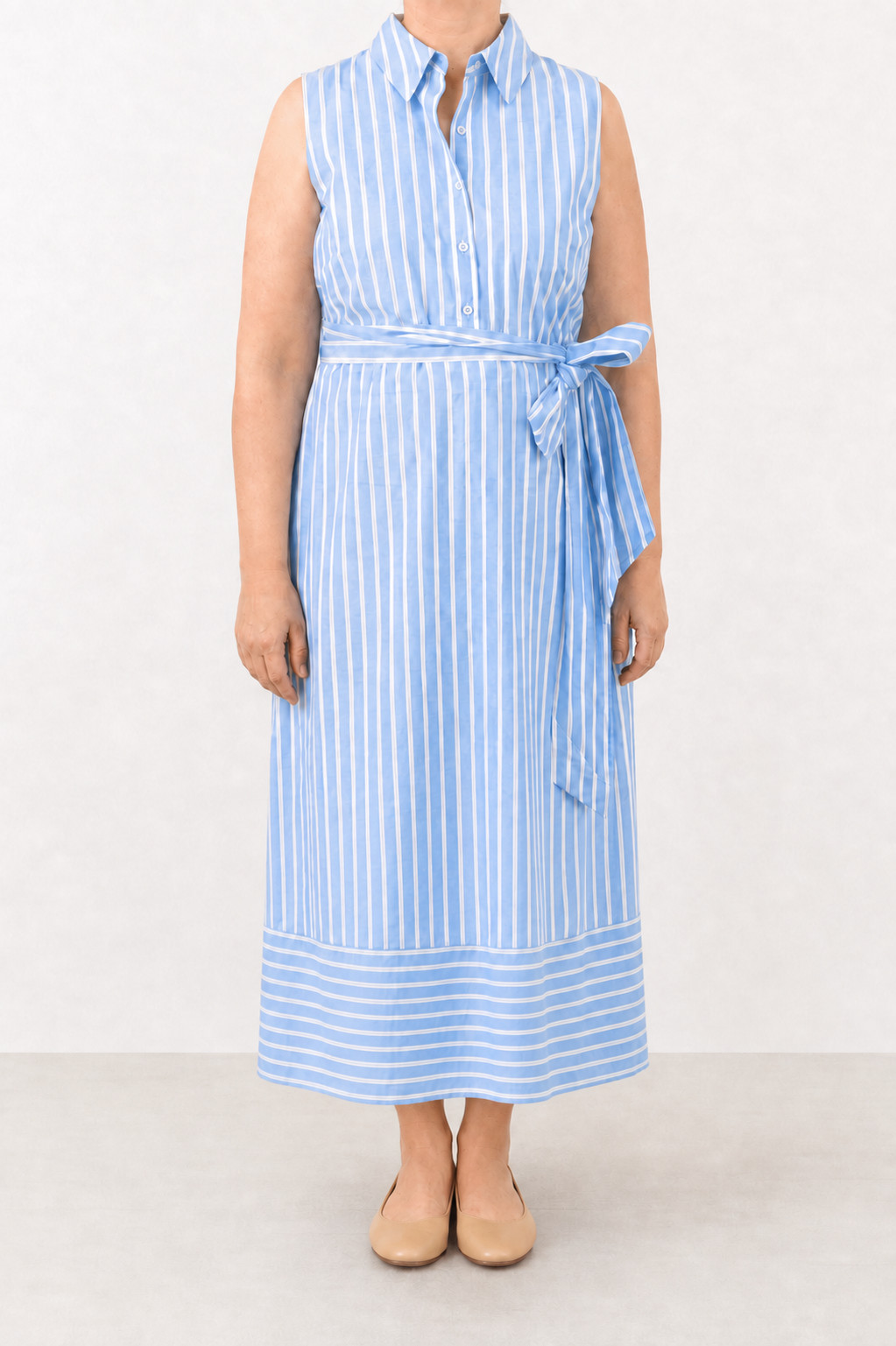 100% Cotton Size 14 Striped Midi Sleeveless Shirtdress Women Blue Tie Waist