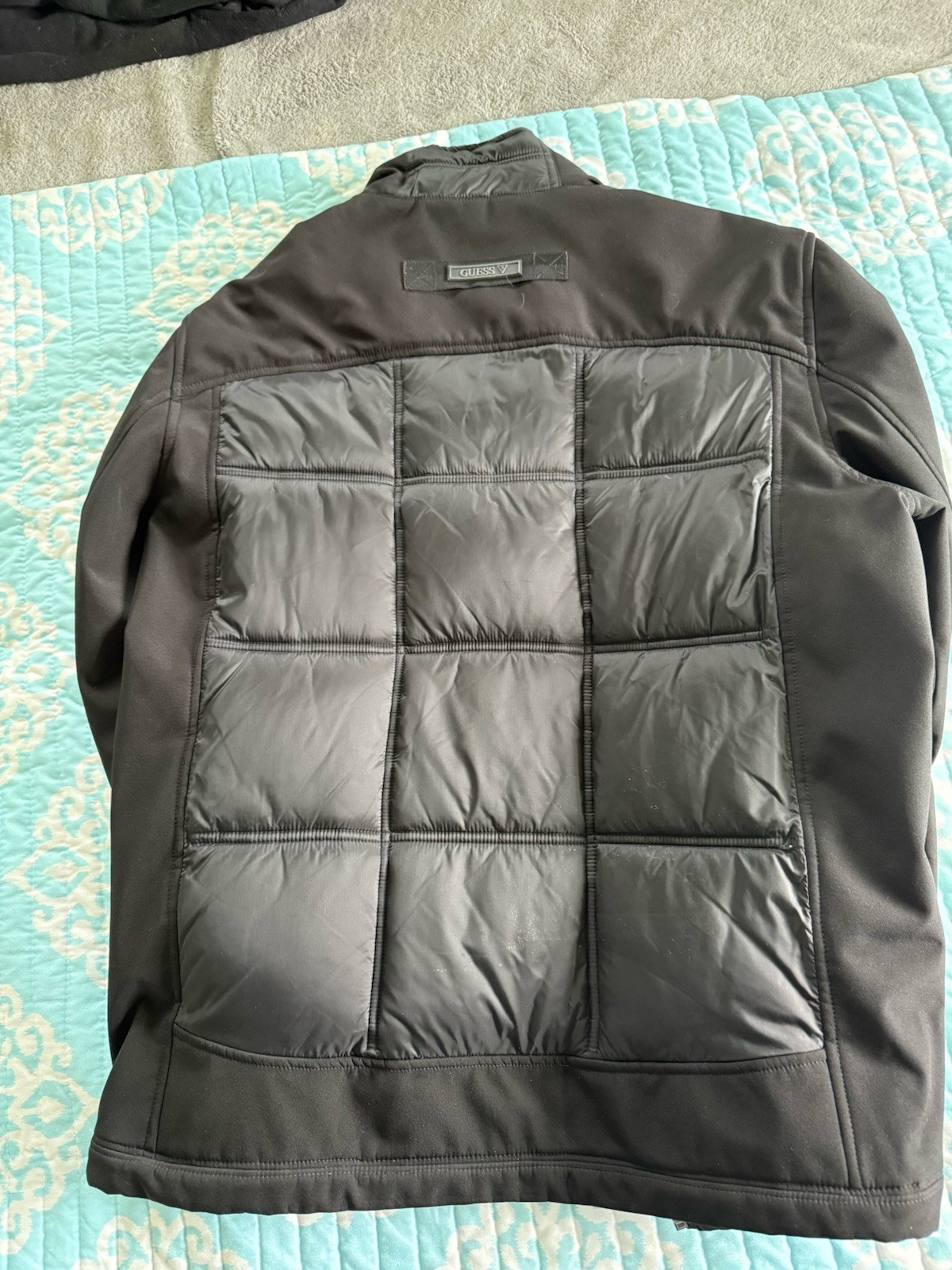 GUESS Puffer Jacket Black Quilted Zipper Logo Band Collar Lightweight Size XL
