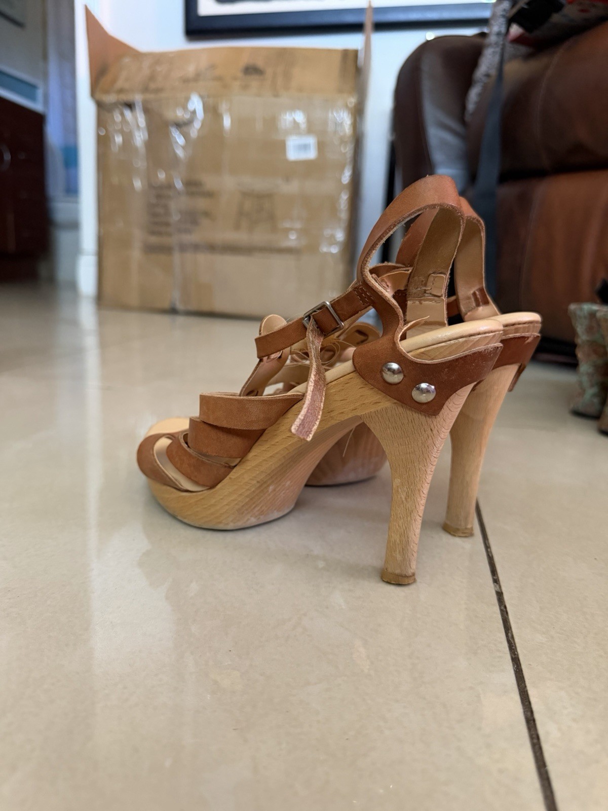 Michael Kors Brown/Beige Leather Strappy Ankle Strap Open Toe Heels US 7.5