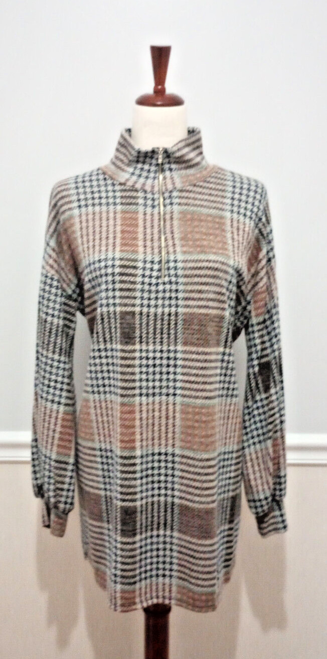 Bold Plaid Designer Style Gray Tan Heritage Plaid 1/4 Zip Jacket sz M
