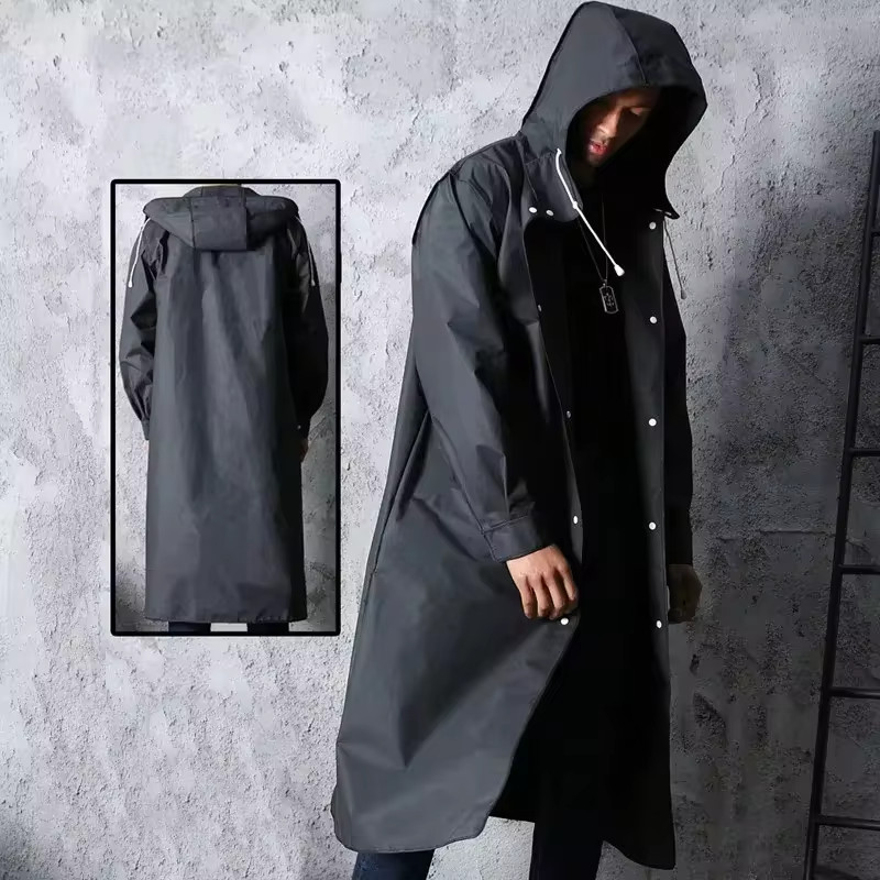 Adult Black Long Raincoat Hooded Waterproof Windbreaker Tactical Outdoor Poncho