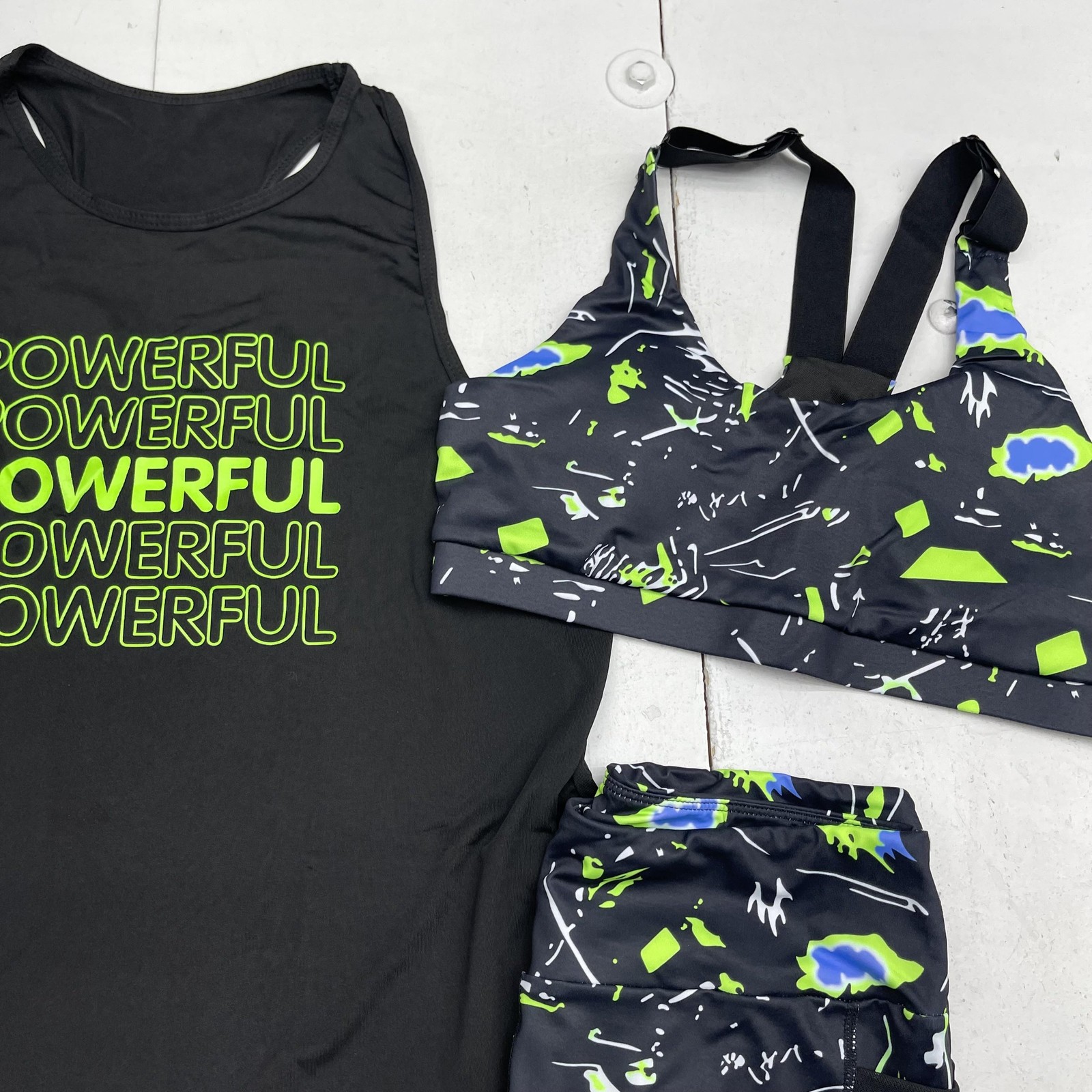 SHEIN Activewear 3 Piece Set Womens Large Black Powerful Tank Bra Leggings Print