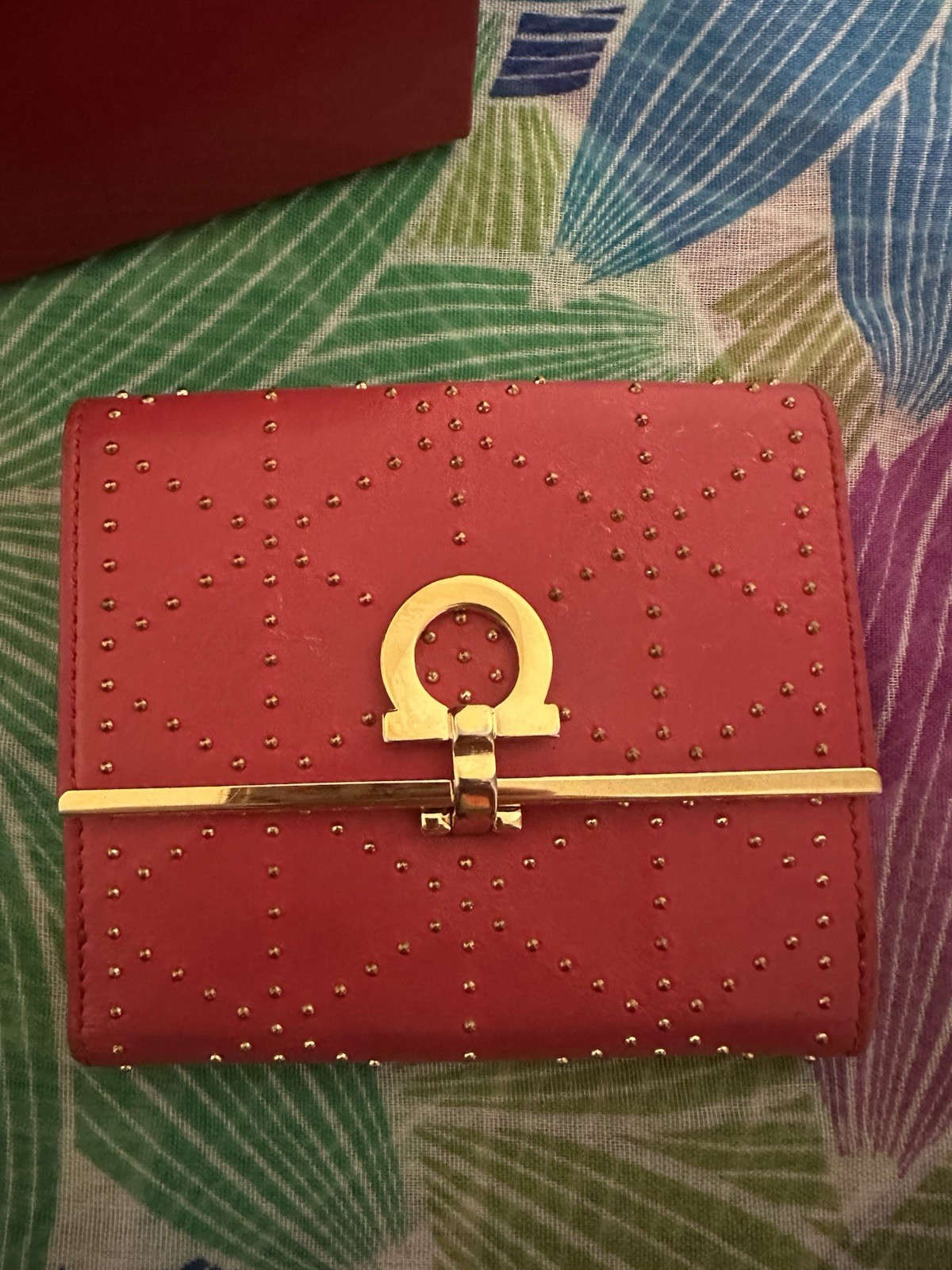Salvatore Ferragamo Women’s Bifold Wallet, Red Solid, Studded Logo, Gold Tone